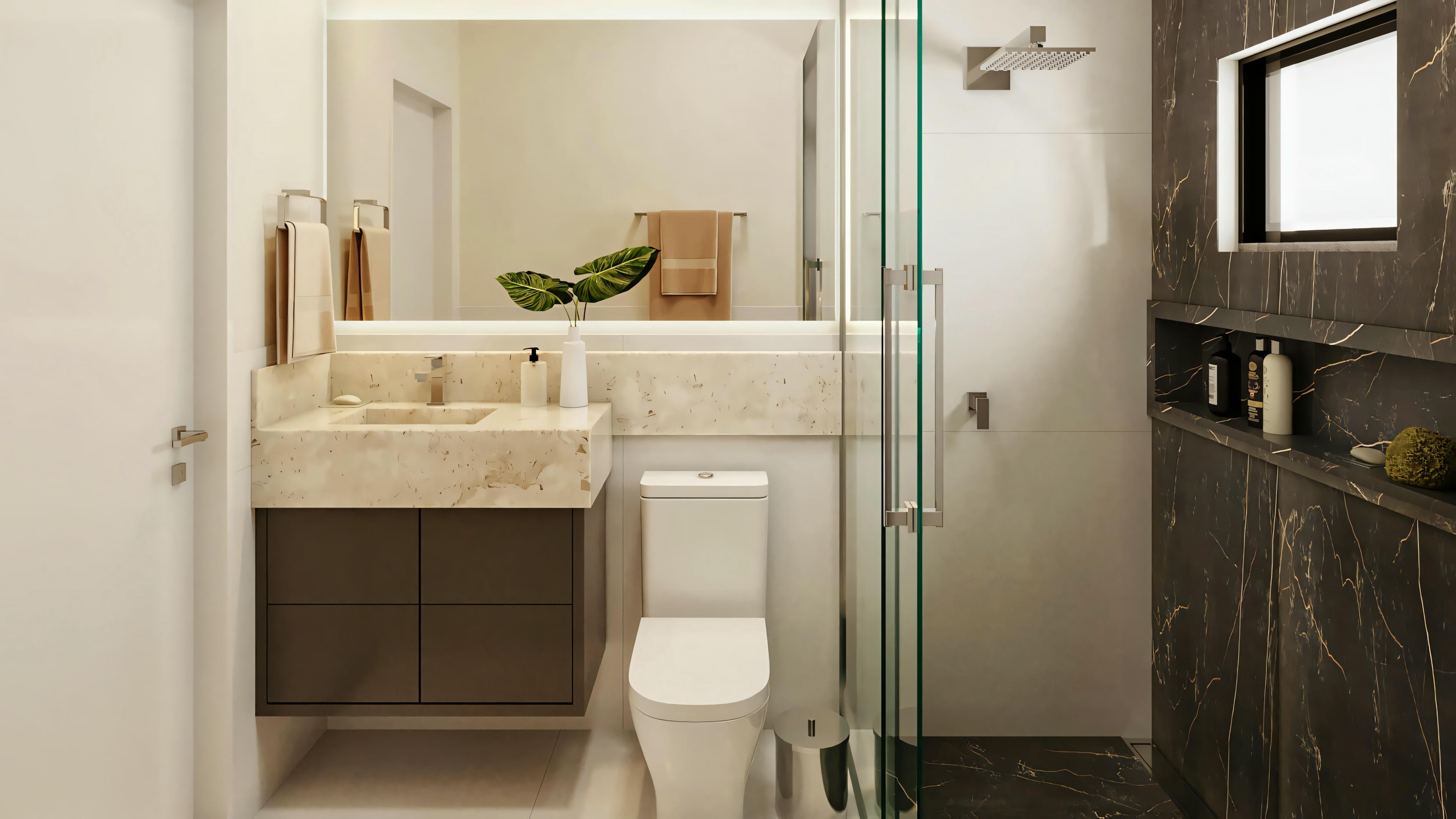 Bathroom with sink, mirror, and visible shower area.