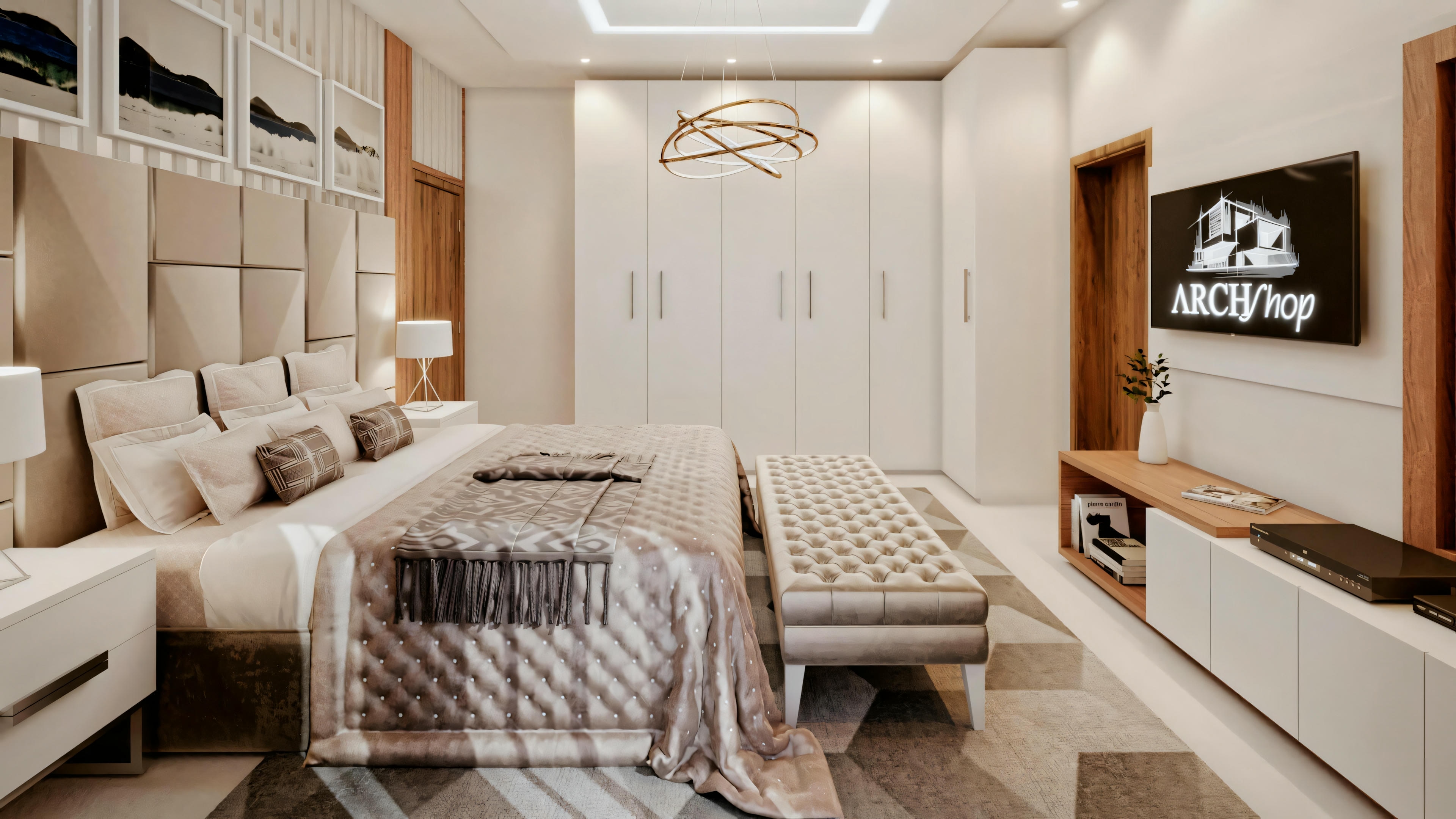 A bedroom with a large bed, nightstands, lamps, and an intricate ceiling design. The space is well-lit and modern.