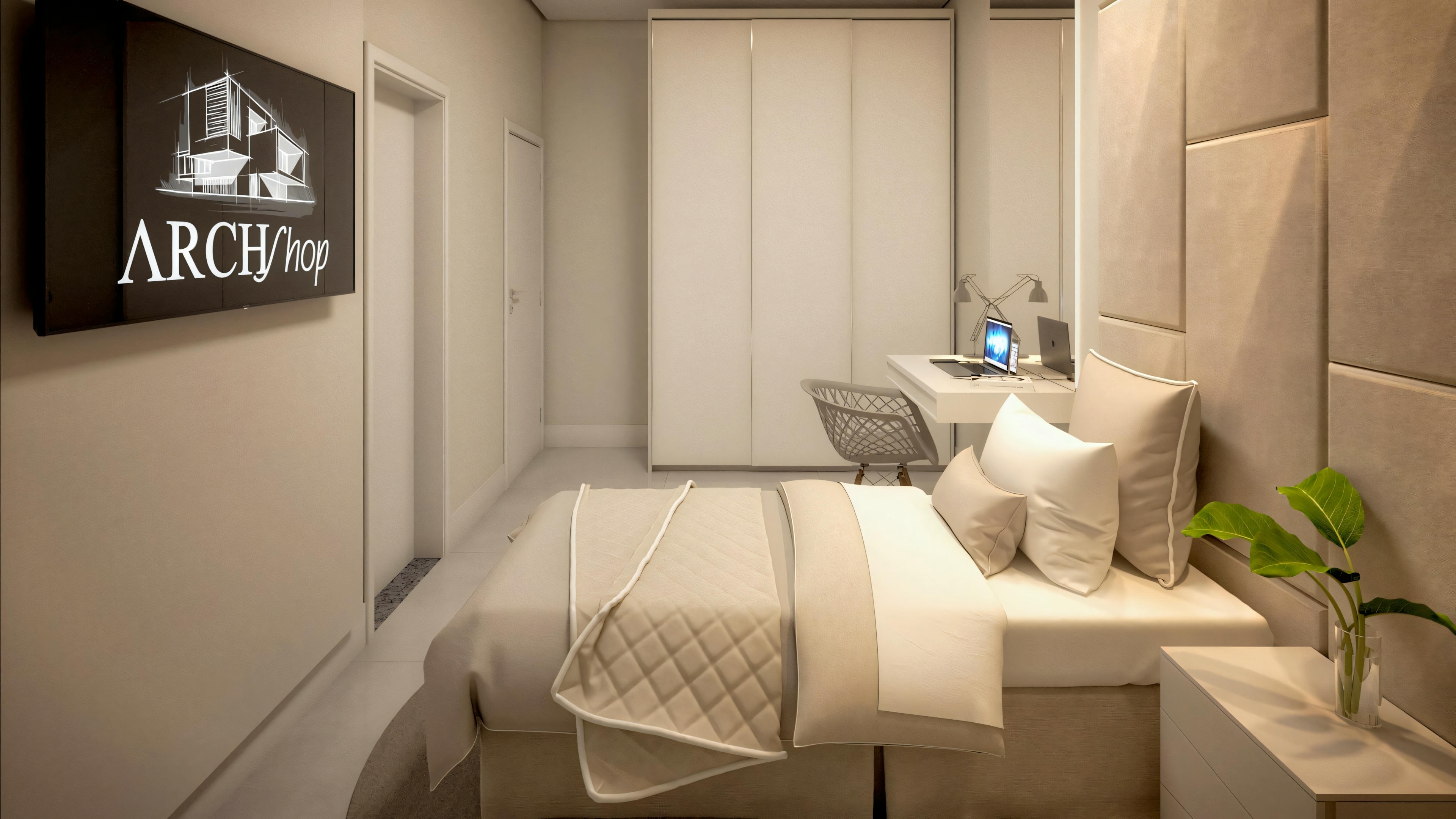 A contemporary bedroom with a large bed, blue and white bedding, a bedside table with a lamp.