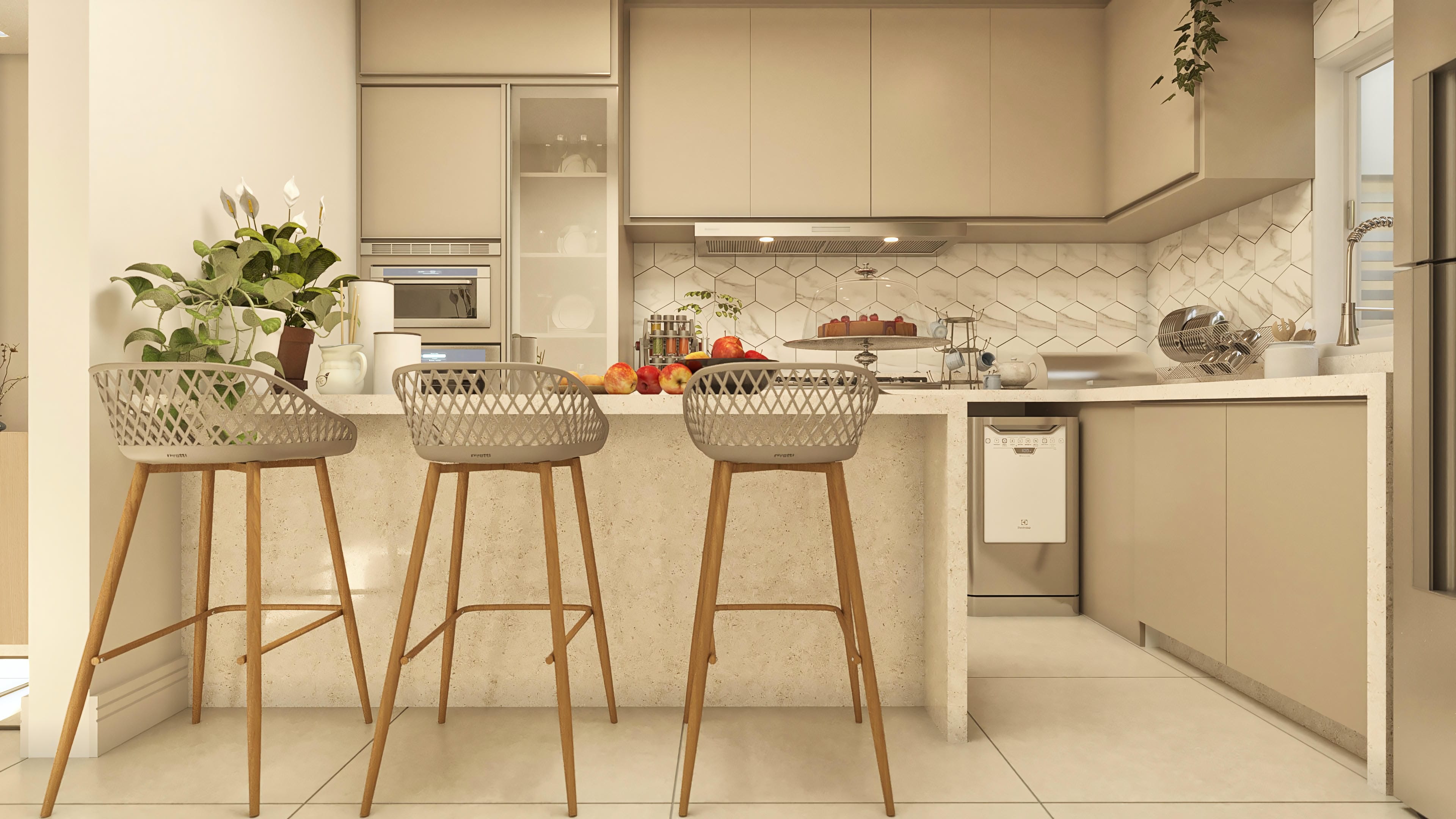 Visão interna de cozinha moderna com armários beges, bancada em pedra clara com banquetas altas e revestimento hexagonal na parede.