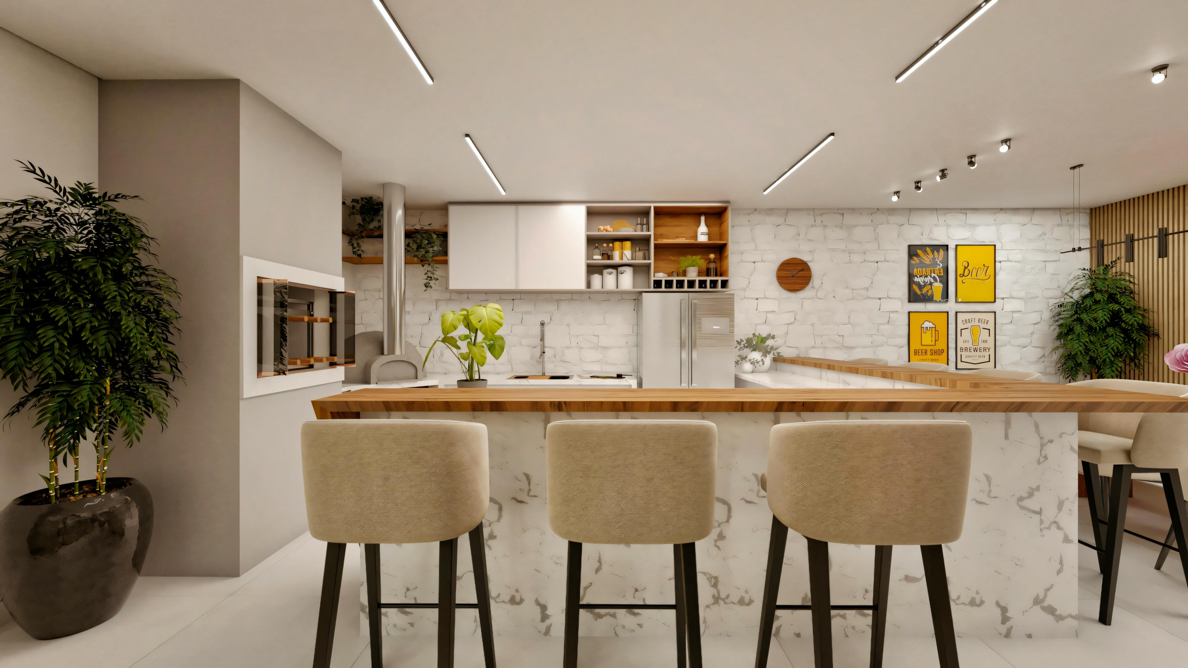 Cozinha moderna com banquetas alinhadas ao balcão, decoração de parede visível e iluminação quente.