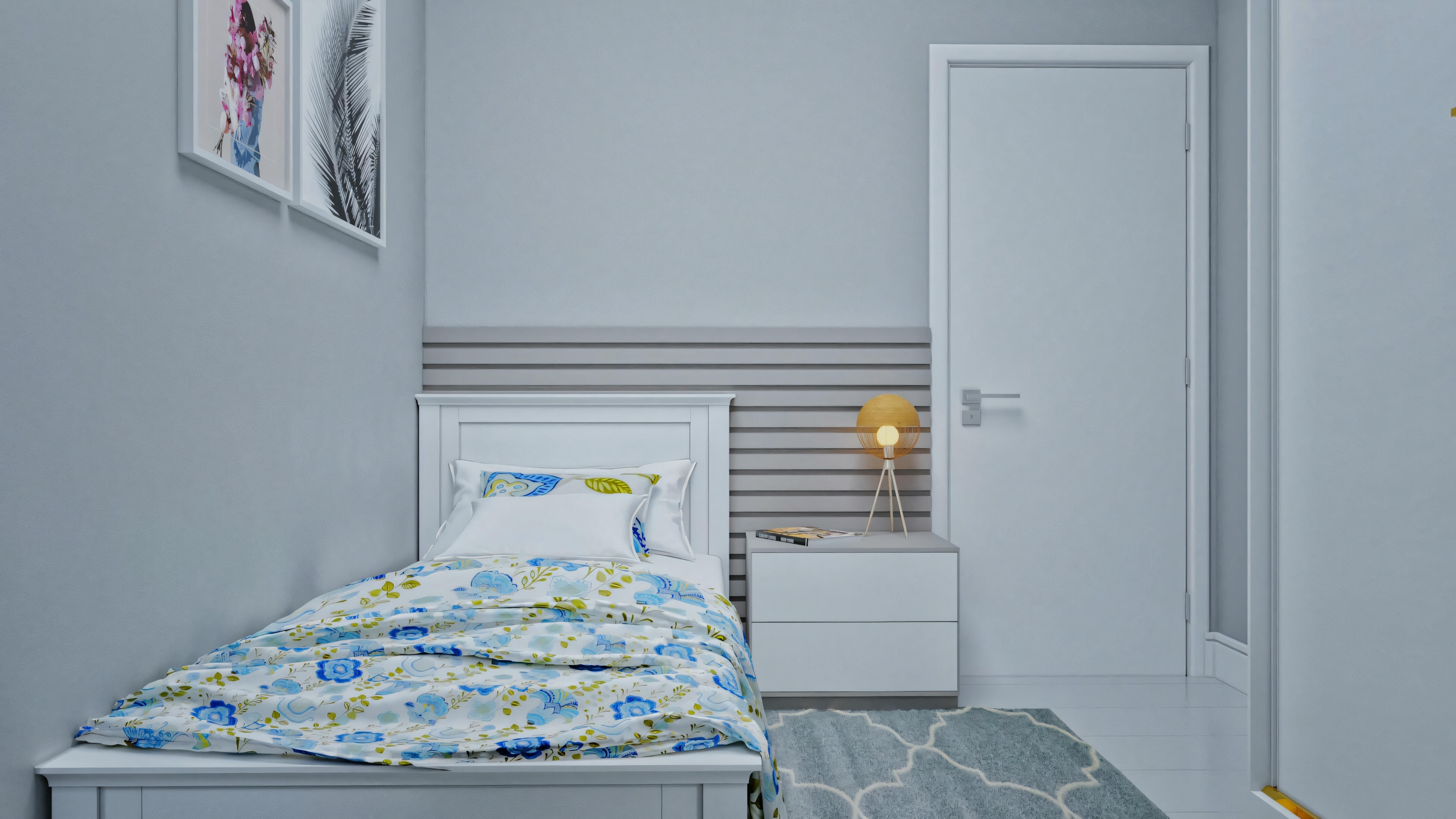 Bedroom with cozy decoration, double bed, and wooden details.