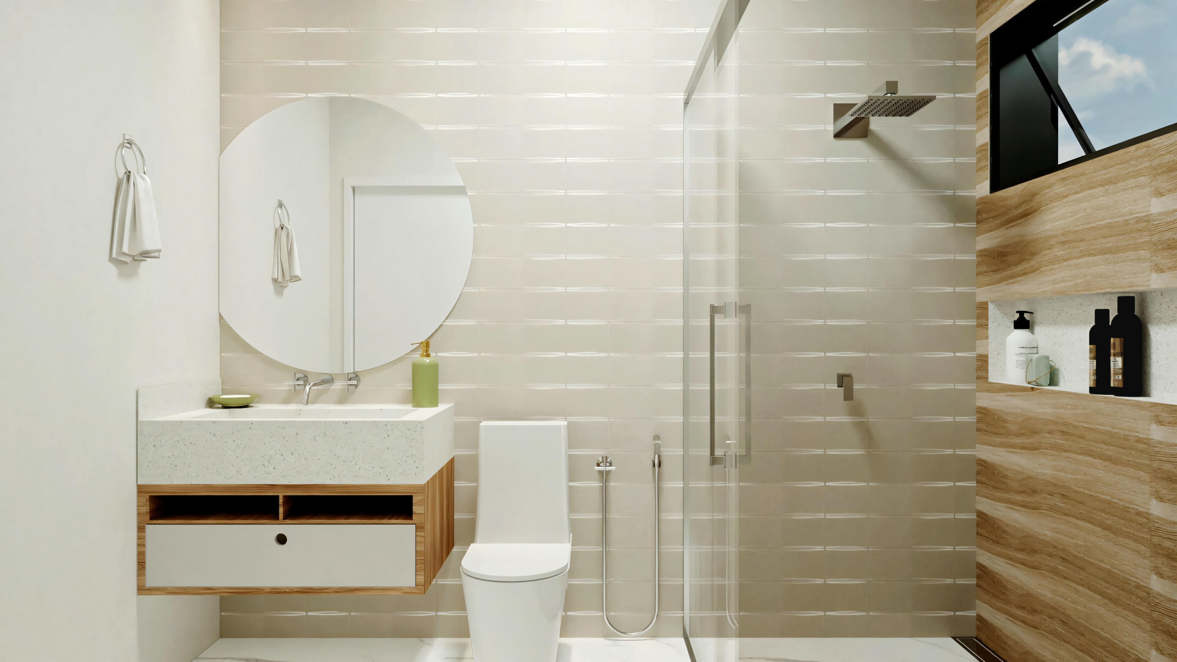 Cuarto de baño con piso de madera, ducha de vidrio, lavabo blanco sobre una encimera de madera y un espejo grande encima.