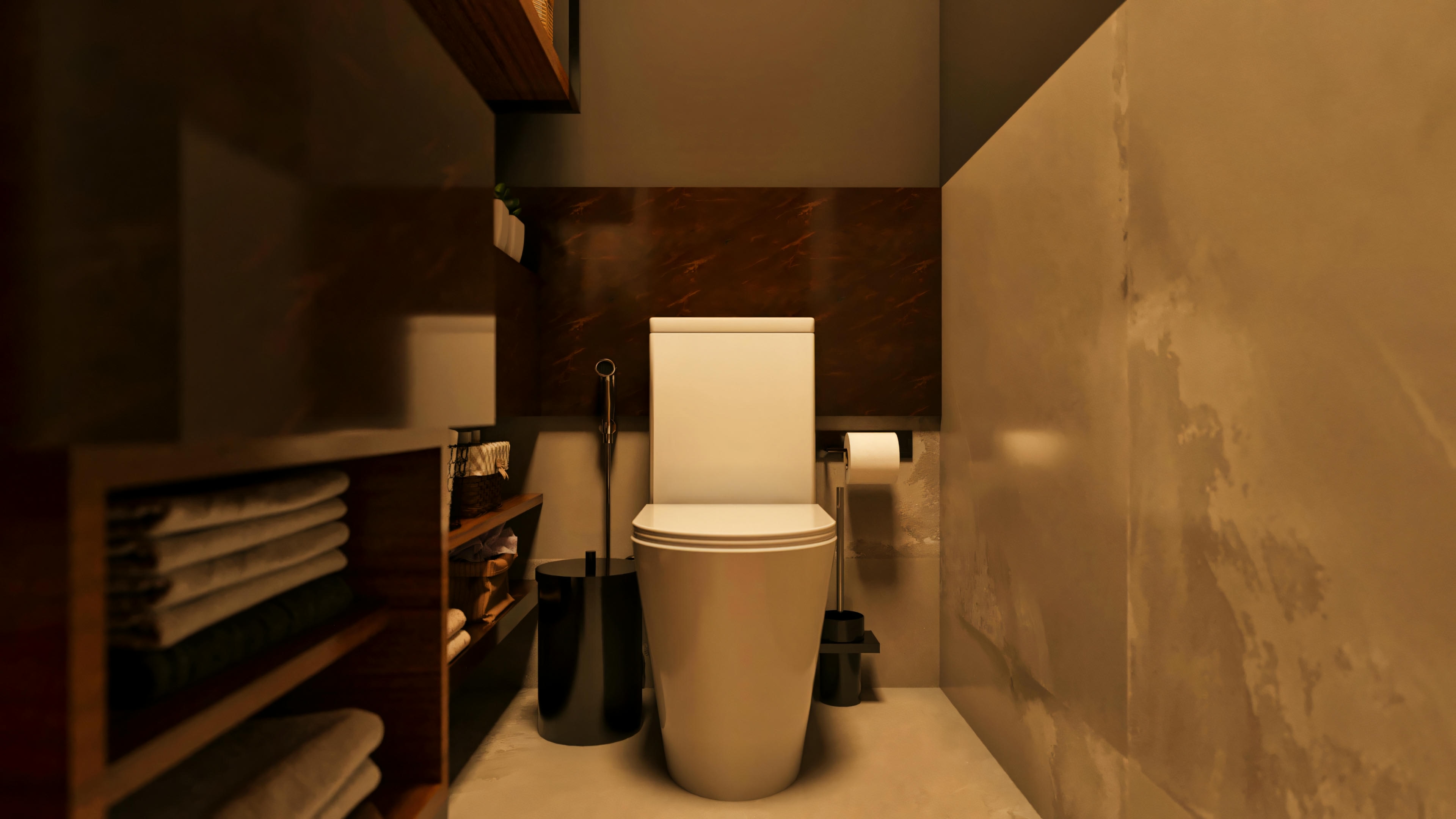 Complete laundry room in a modern house project, showing custom cabinetry, washing machine, countertop, and black aluminum sliding door leading to the outdoor service area.