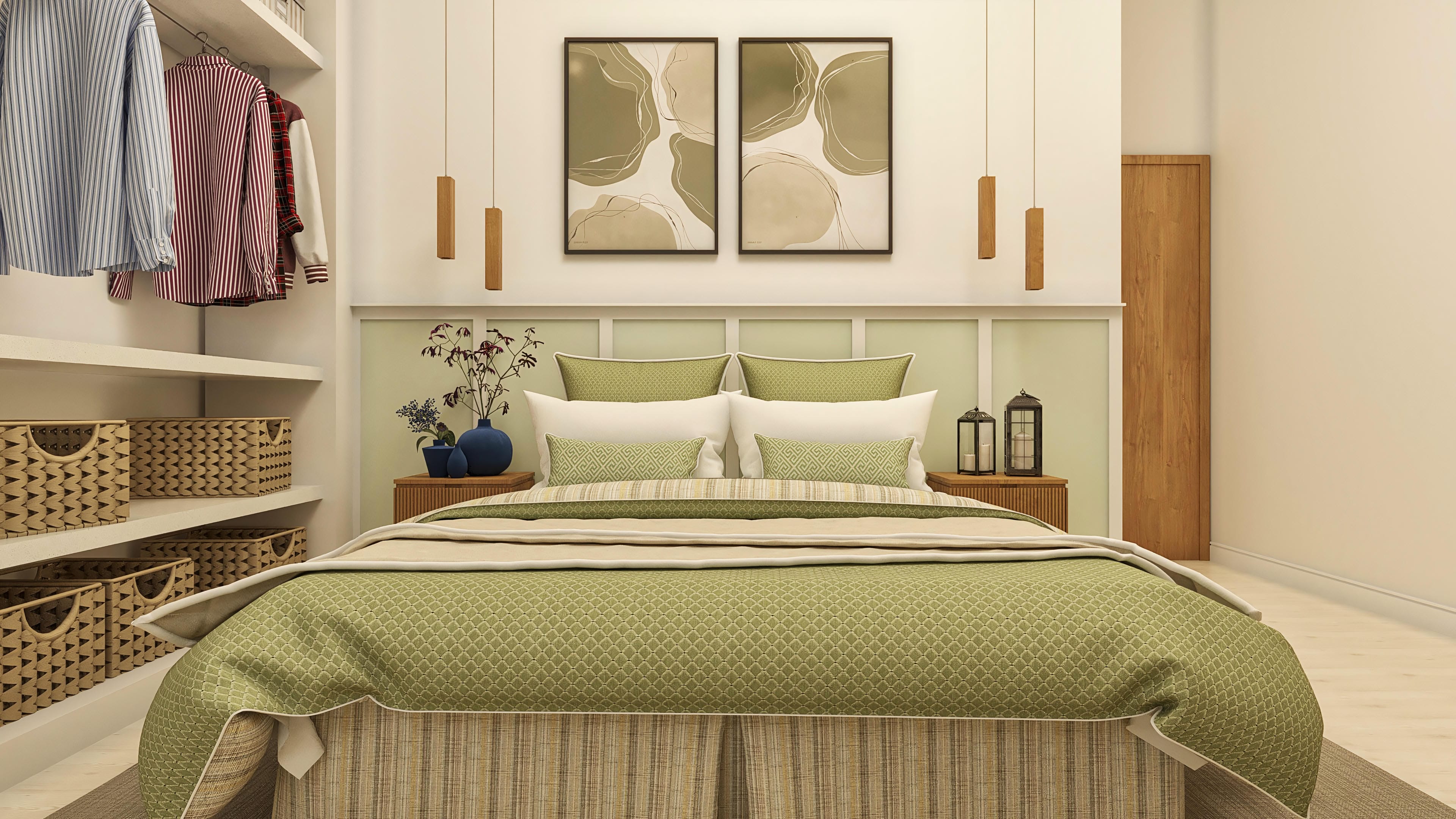 Dormitorio principal acogedor con cama king-size, ropa de cama verde texturizada, mesas de noche de madera y vestidor abierto con cestería decorativa.