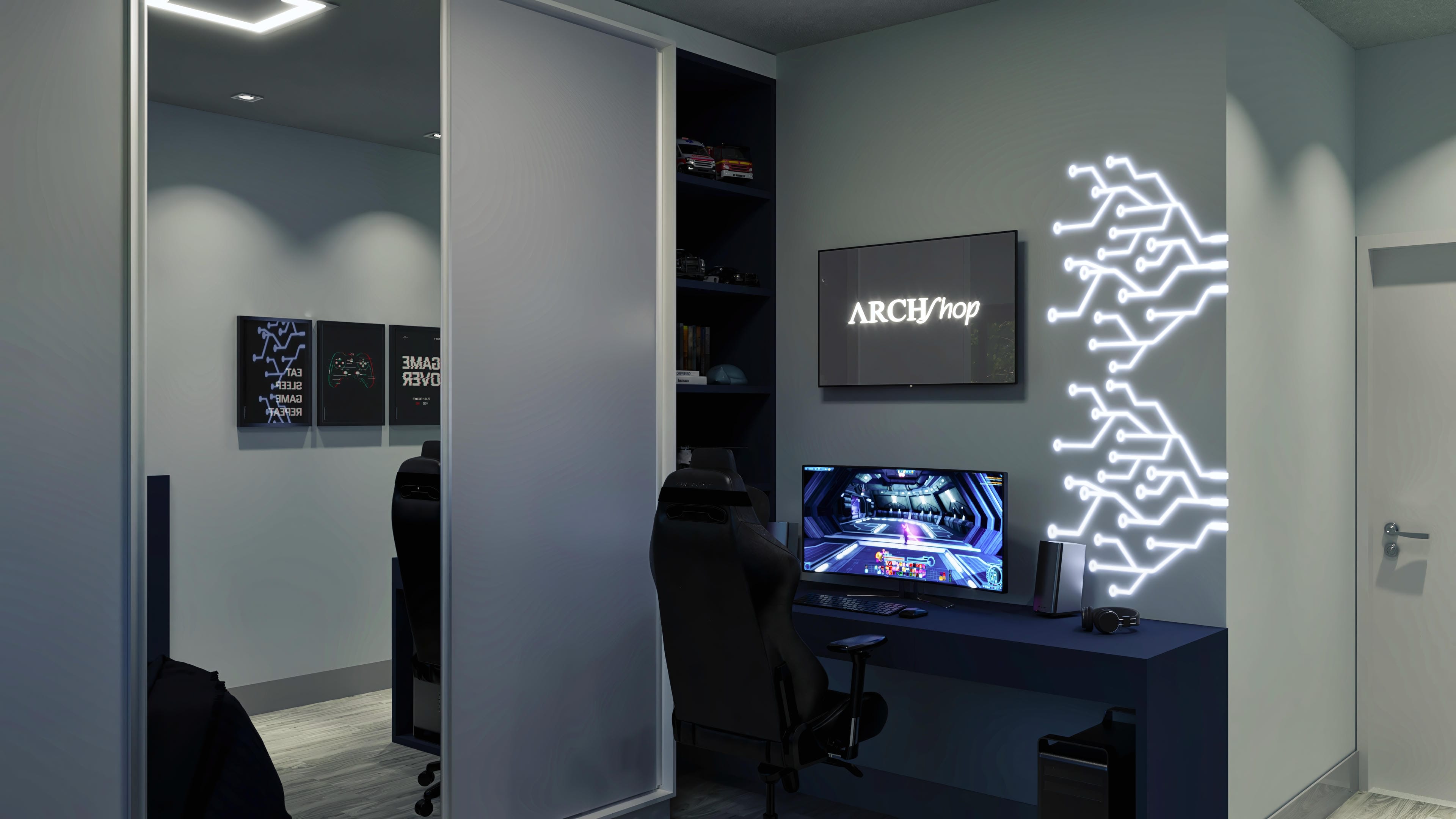 Espaço de escritório moderno com iluminação de LED, mesa de computador escura, cadeira gamer e decoração temática.