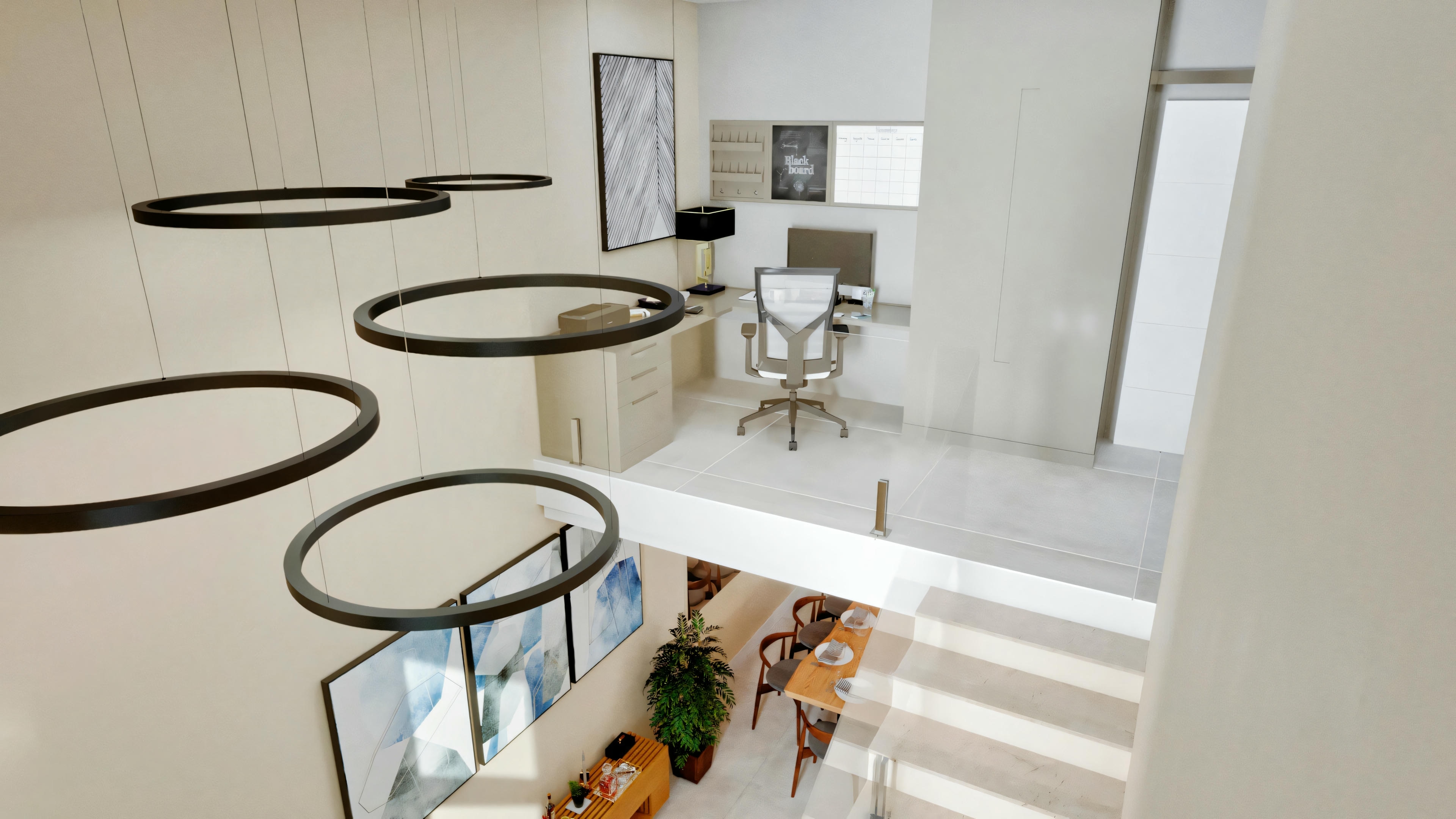 Espacio interior moderno con escalera, mesas de vidrio circulares y cocina con gabinetes blancos.