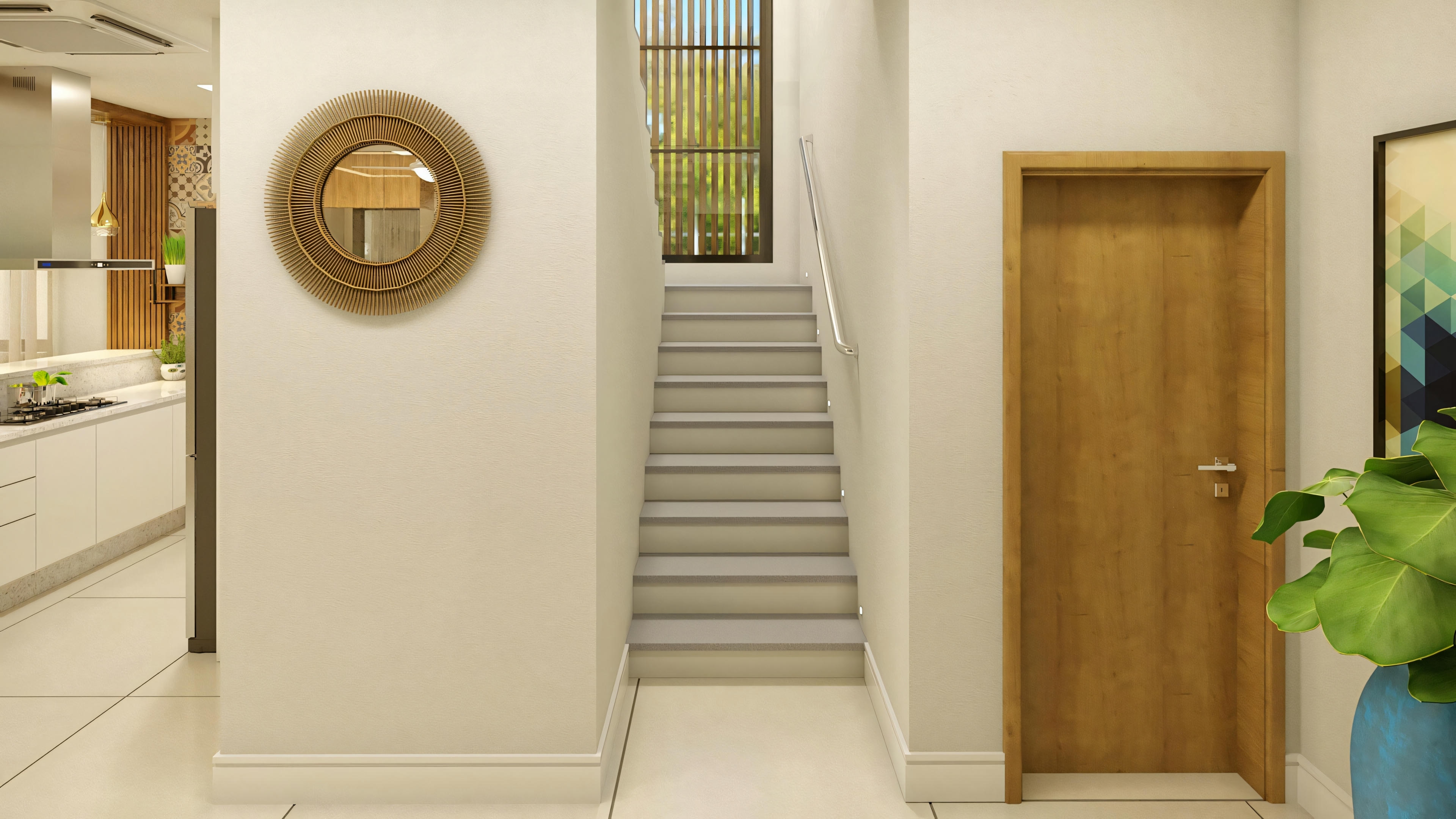 Un espacio interior con una escalera que conduce hacia arriba, una puerta de madera a la derecha y una zona de cocina a la izquierda.