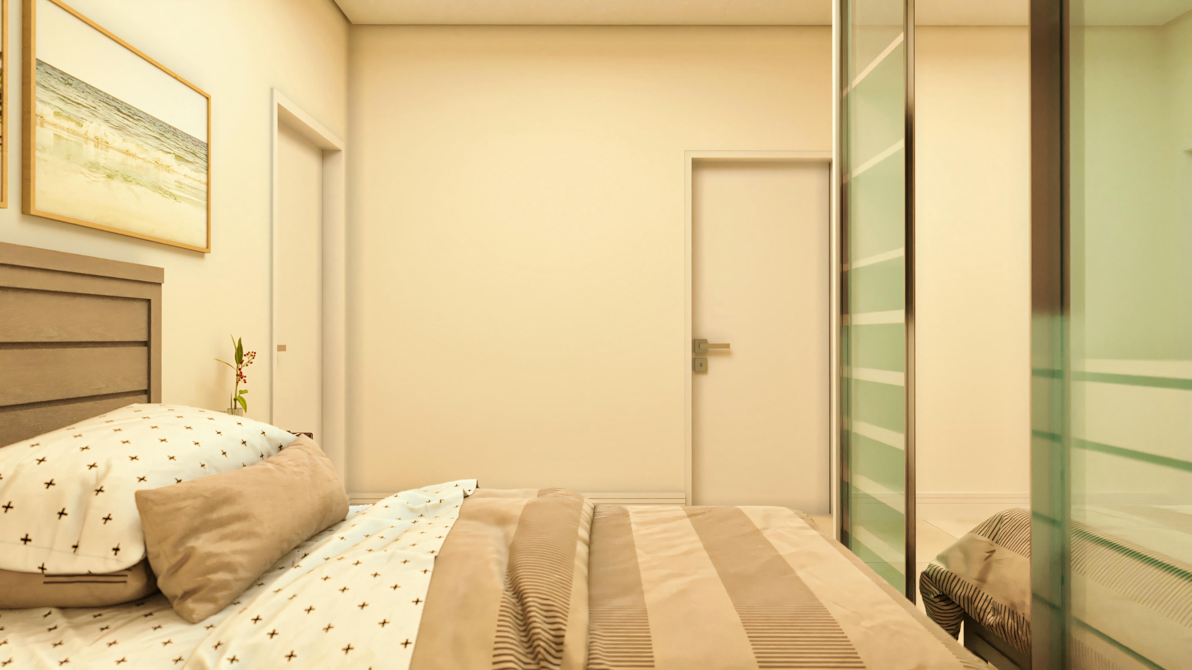 Distribución interna de habitación en casa de dos plantas moderna, exhibiendo la disposición de la cama, armario con puertas espejadas y puertas de acceso. Una de las 4 habitaciones del proyecto.
