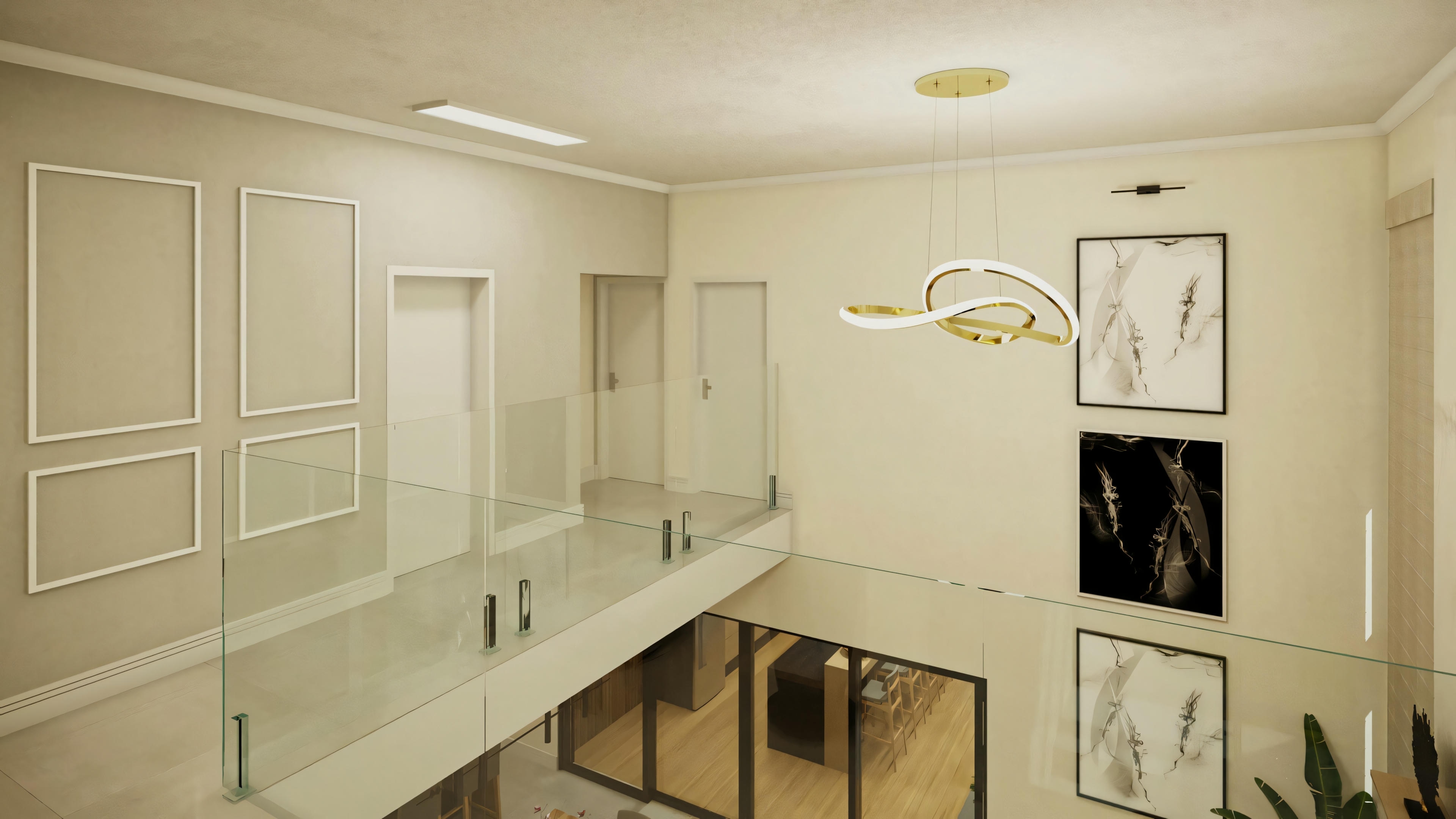 Hall superior con barandal de vidrio en el plano listo de casa con 3 suites y área gourmet. Detalles de boiserie e iluminación moderna. Proyecto casa lista de 368m².
