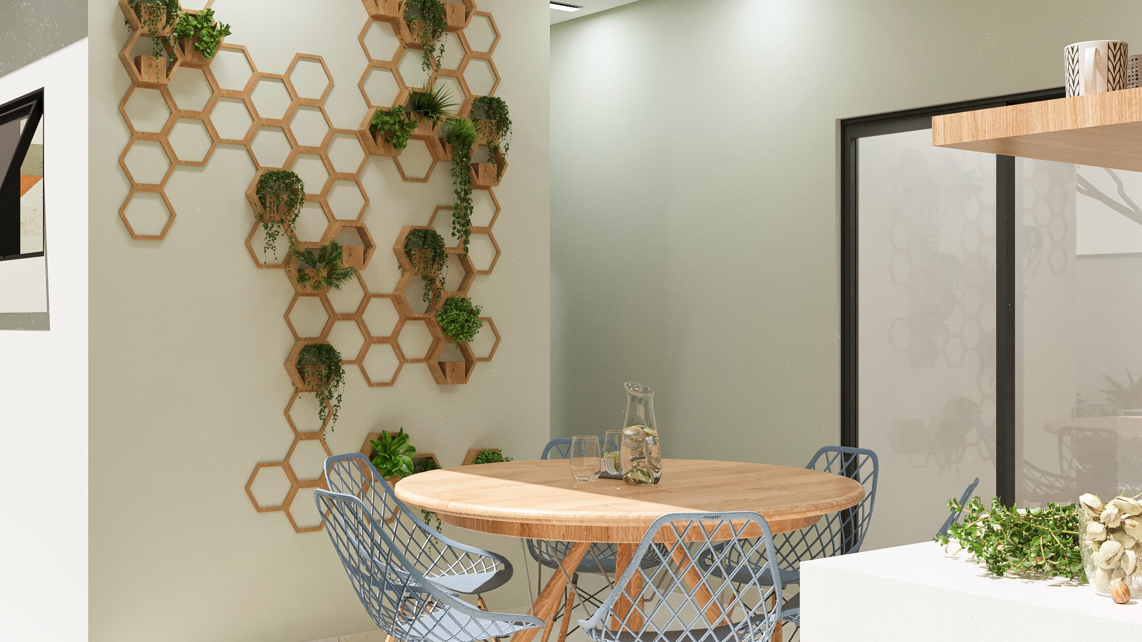 Detail of a vertical garden with hexagonal wooden niches on a light wall, accommodating lush plants.