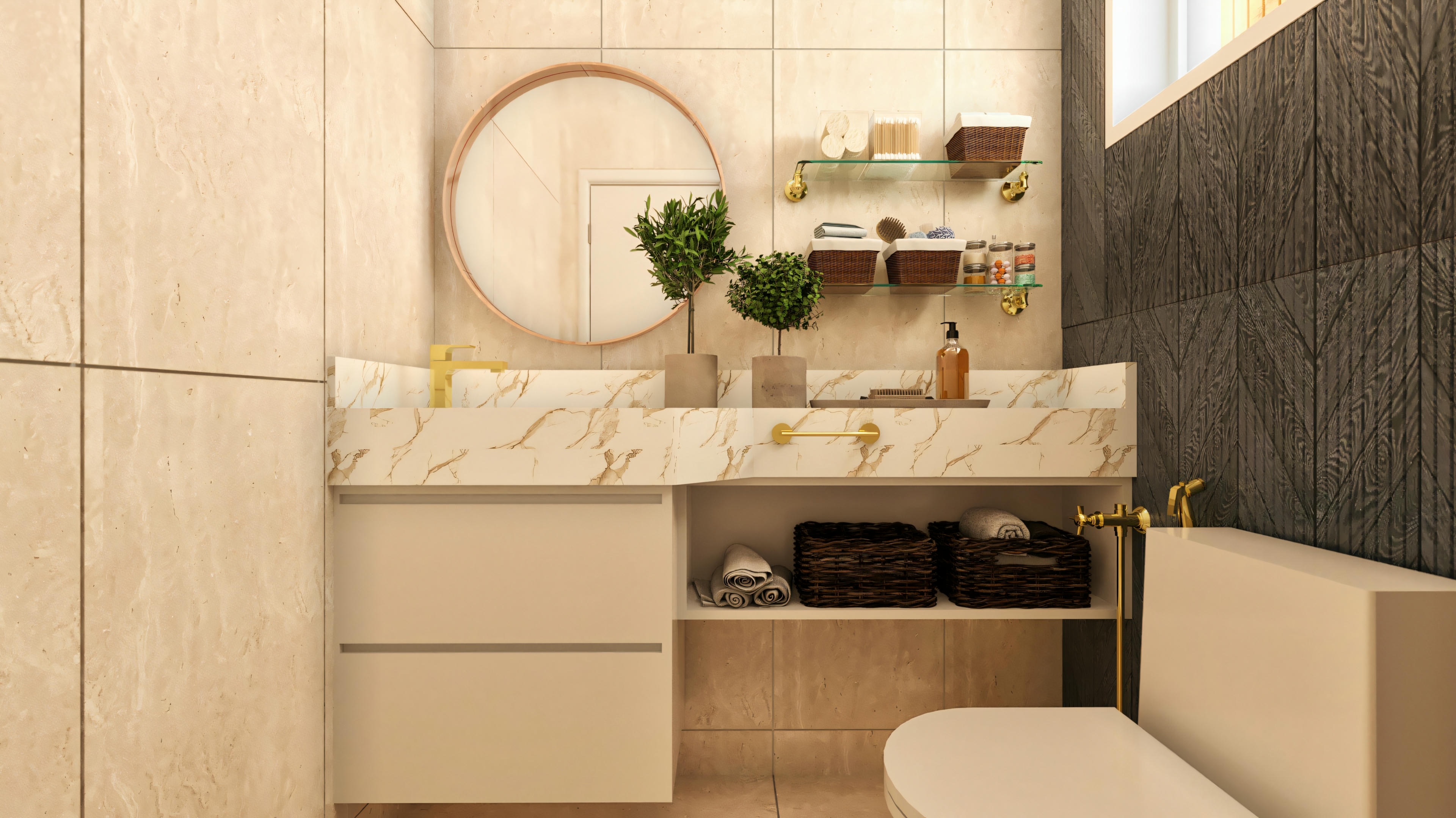 Bathroom of a high-standard house decorated with marble countertop, light planned furniture, round mirror, glass shelves, and gold-finished fixtures (faucet, handle). Light and dark wall cladding.
