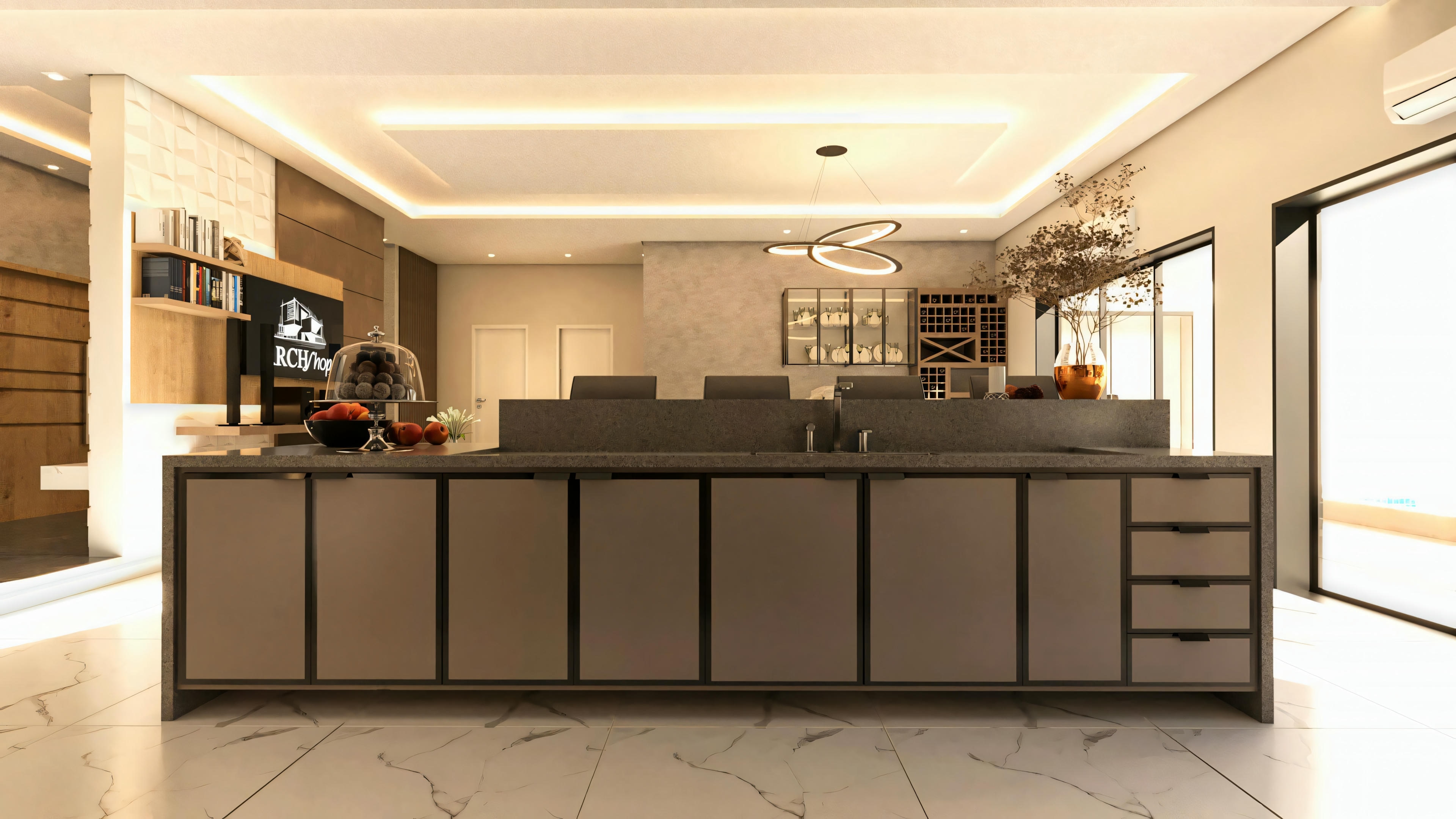 View of the central kitchen island, serving as an integration element with the living and dining room in a bungalow house project with 3 suites. Detail of lower cabinets and countertop. This bungalow house plan with 3 suites has 276.43m², an office, and a gourmet area.