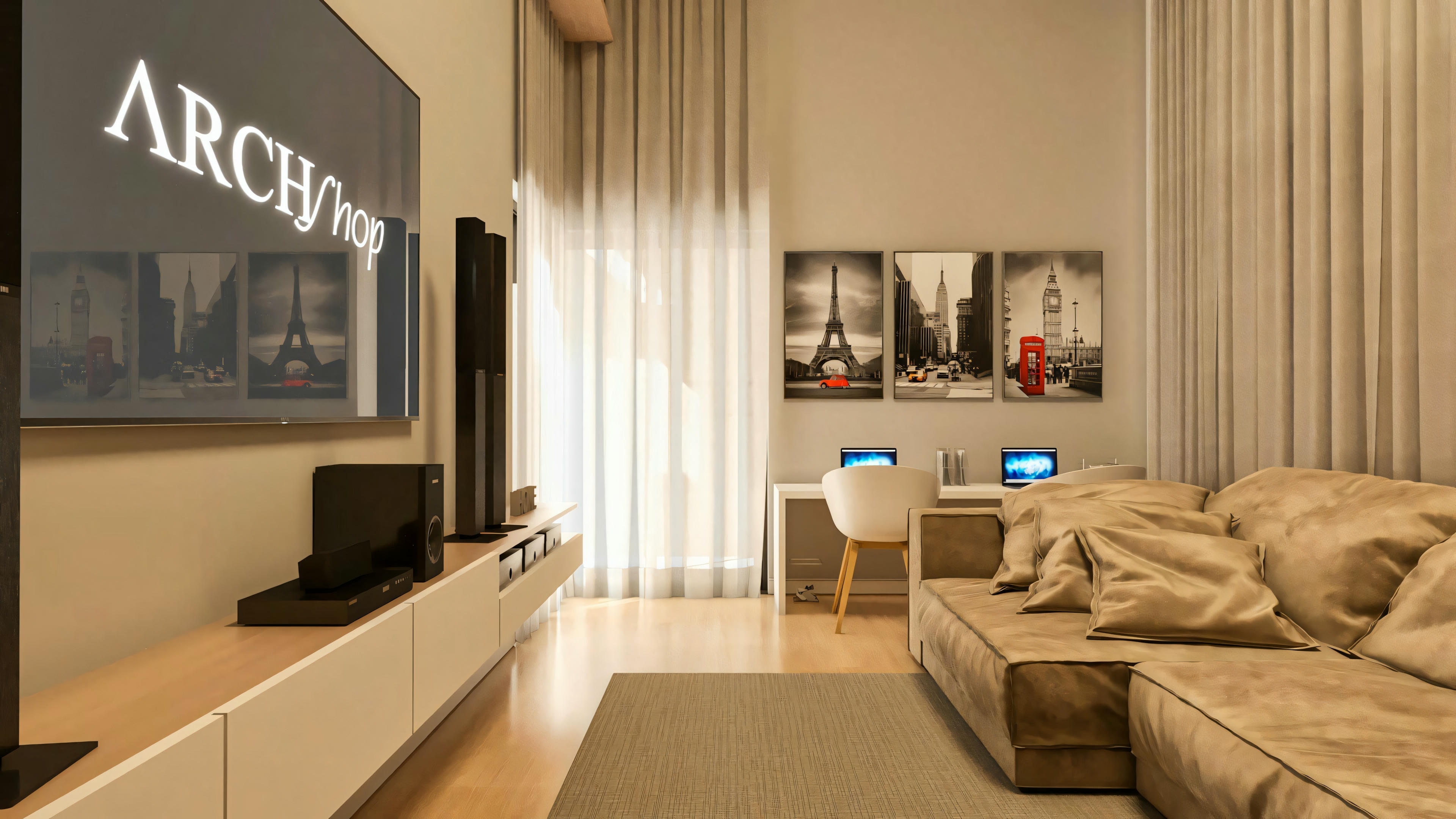 Multipurpose room in a luxury residential project, combining home theater with TV and sofa, and an office corner with desk and chair.