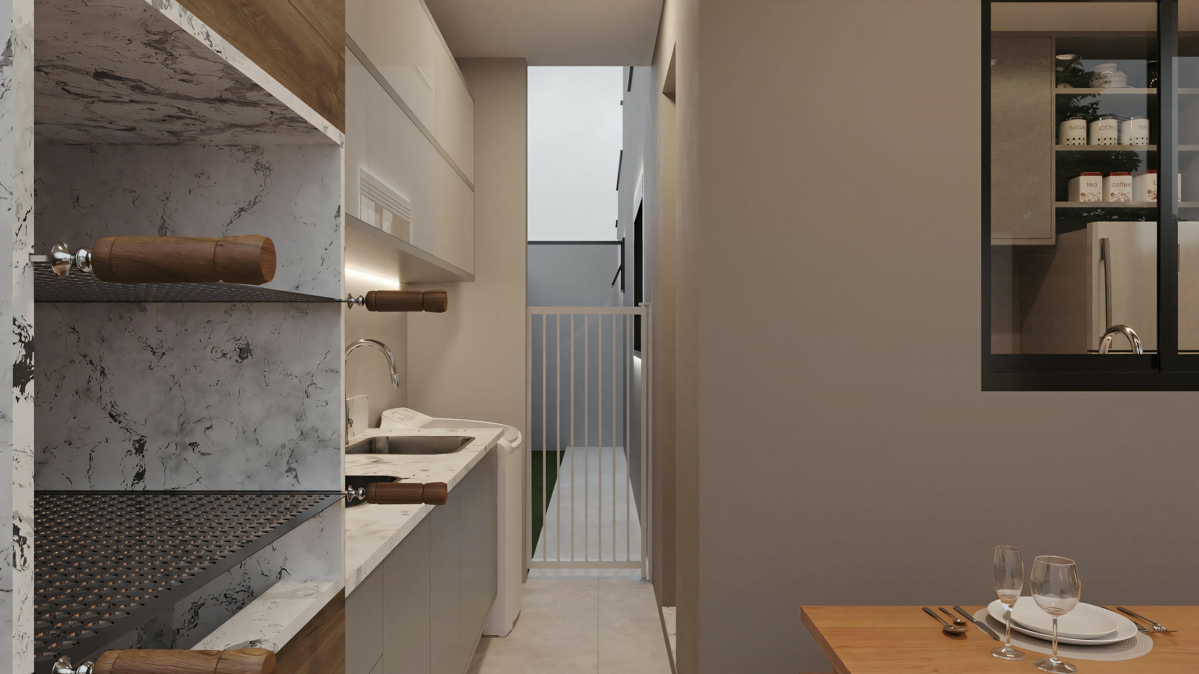 A modern bathroom with shelves, towels, and a sink.