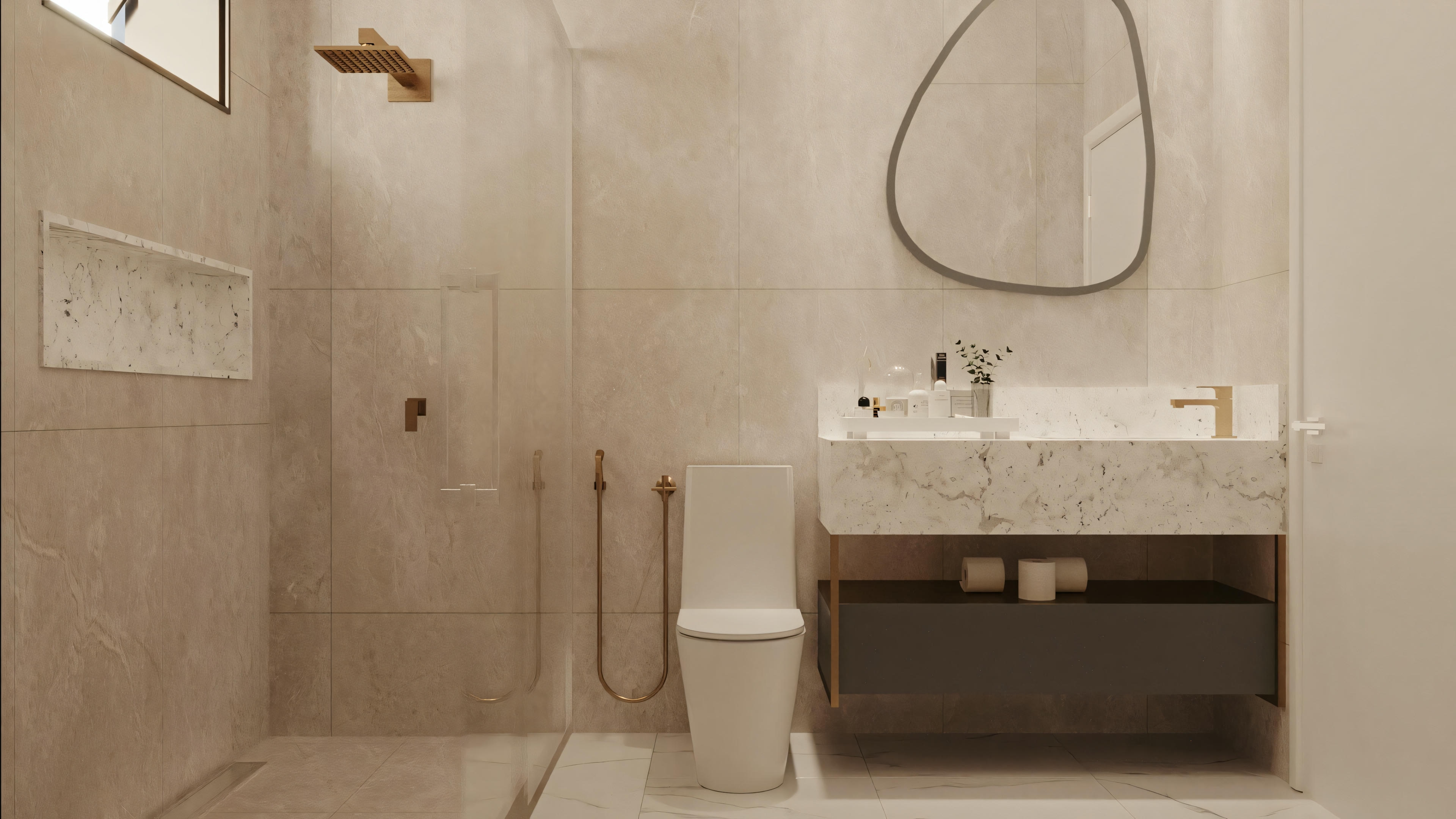 A modern bathroom with a sink, mirror, and elegant finishes.