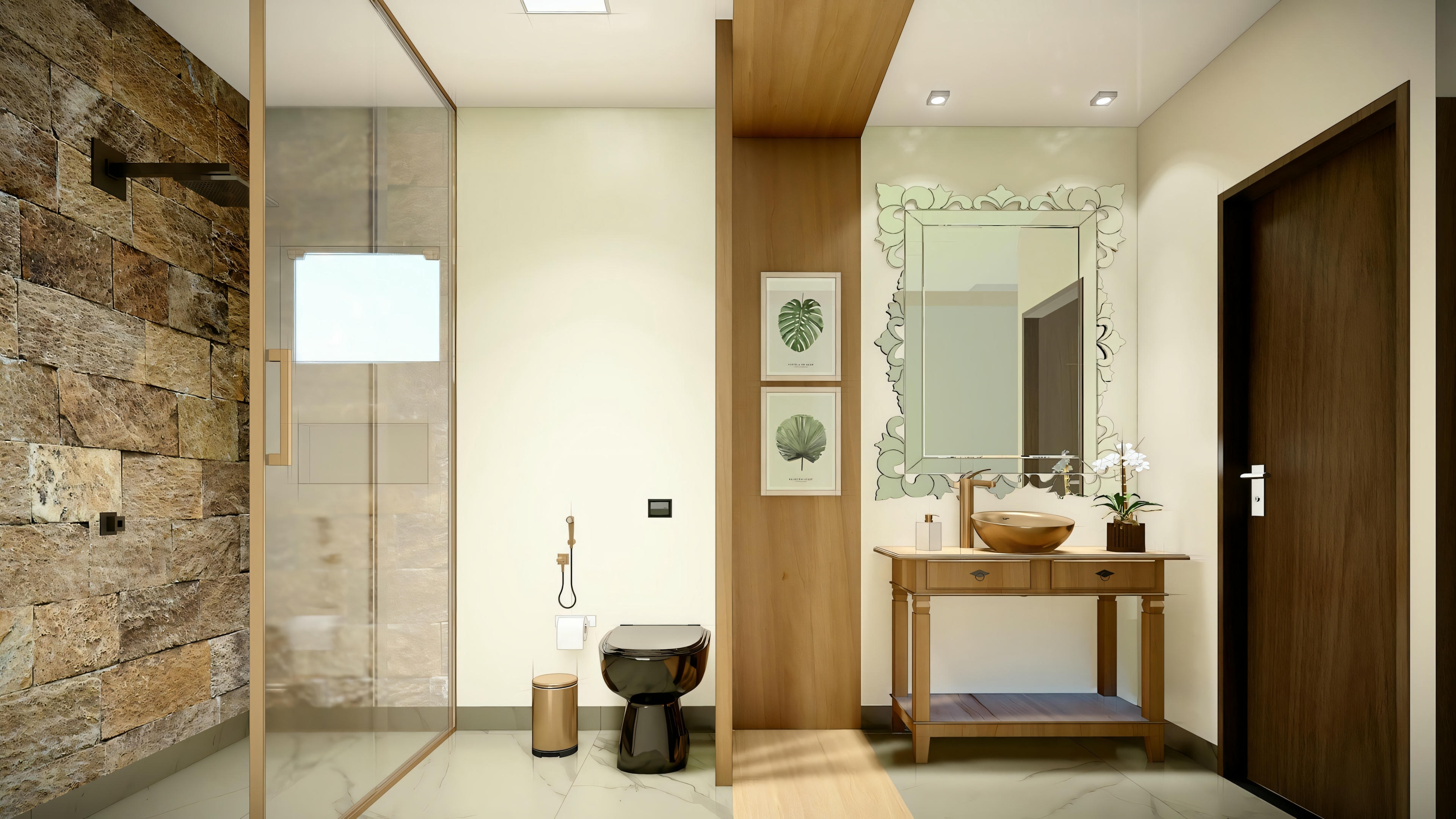 A modern bathroom with a glass shower enclosure and a vanity sink.