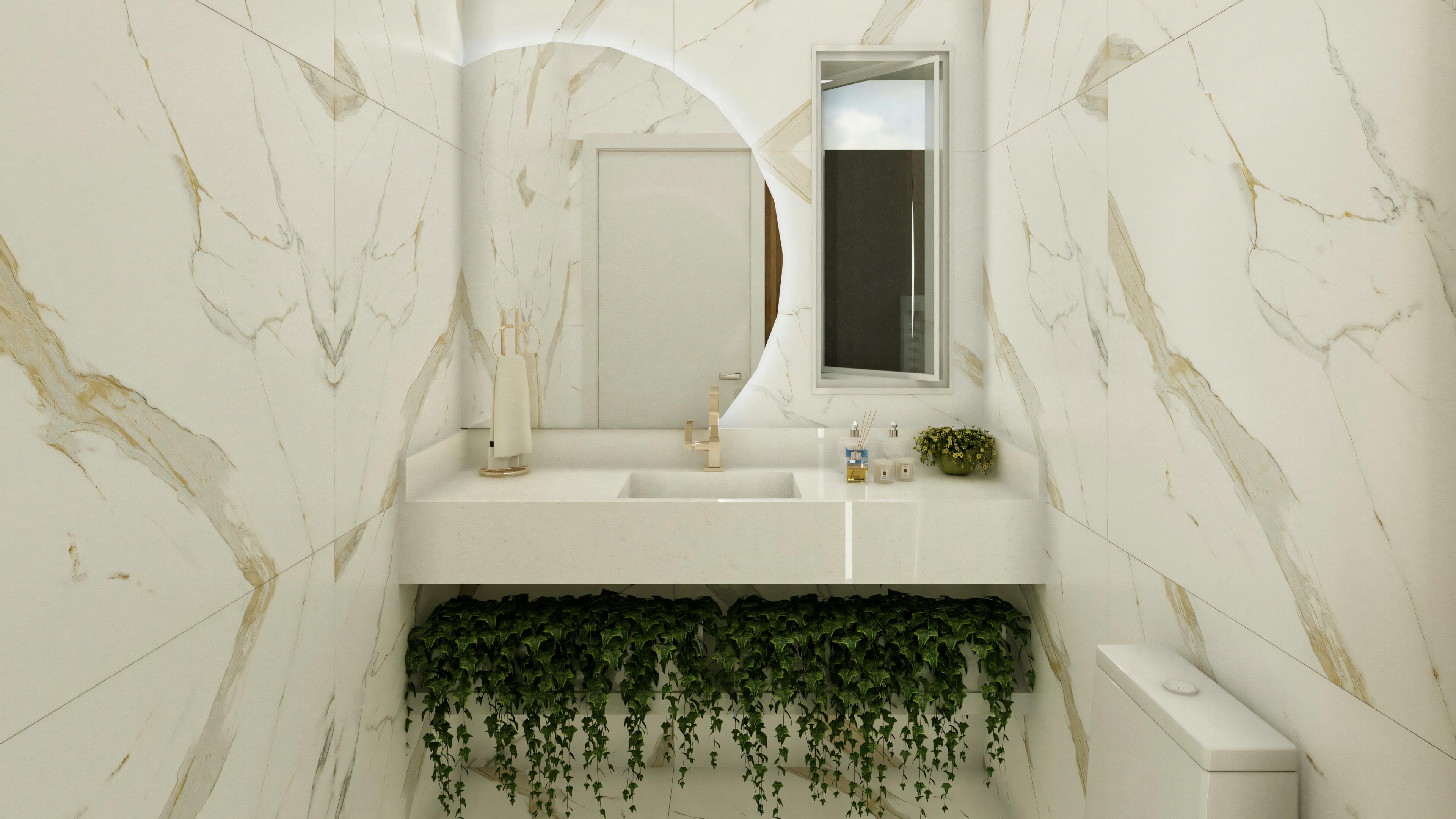 A modern bathroom with marble walls and floor, white sink with mirror, and a small indoor garden.