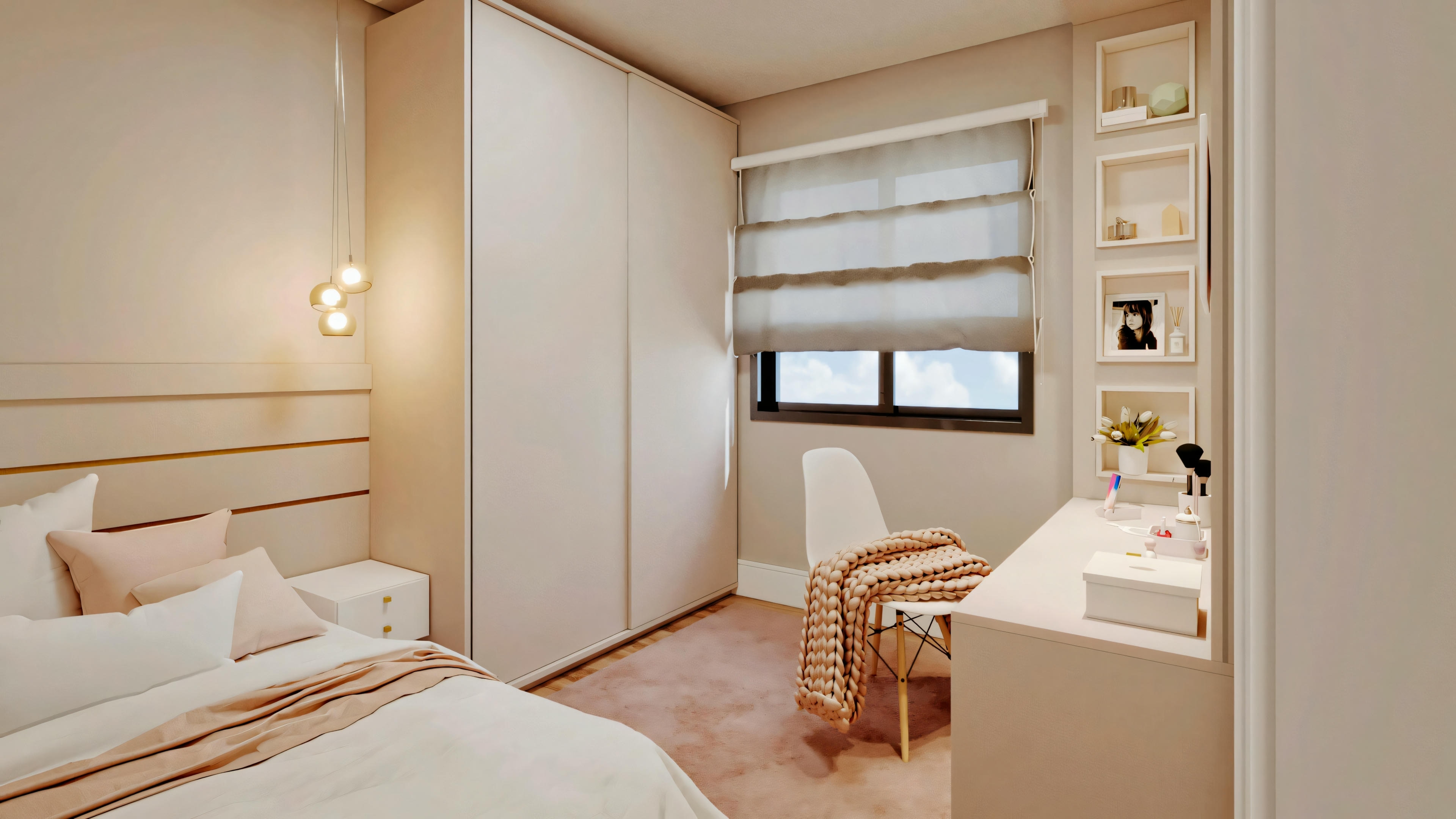 Bedroom with a bed, nightstands, lamps, and a chair in the corner.