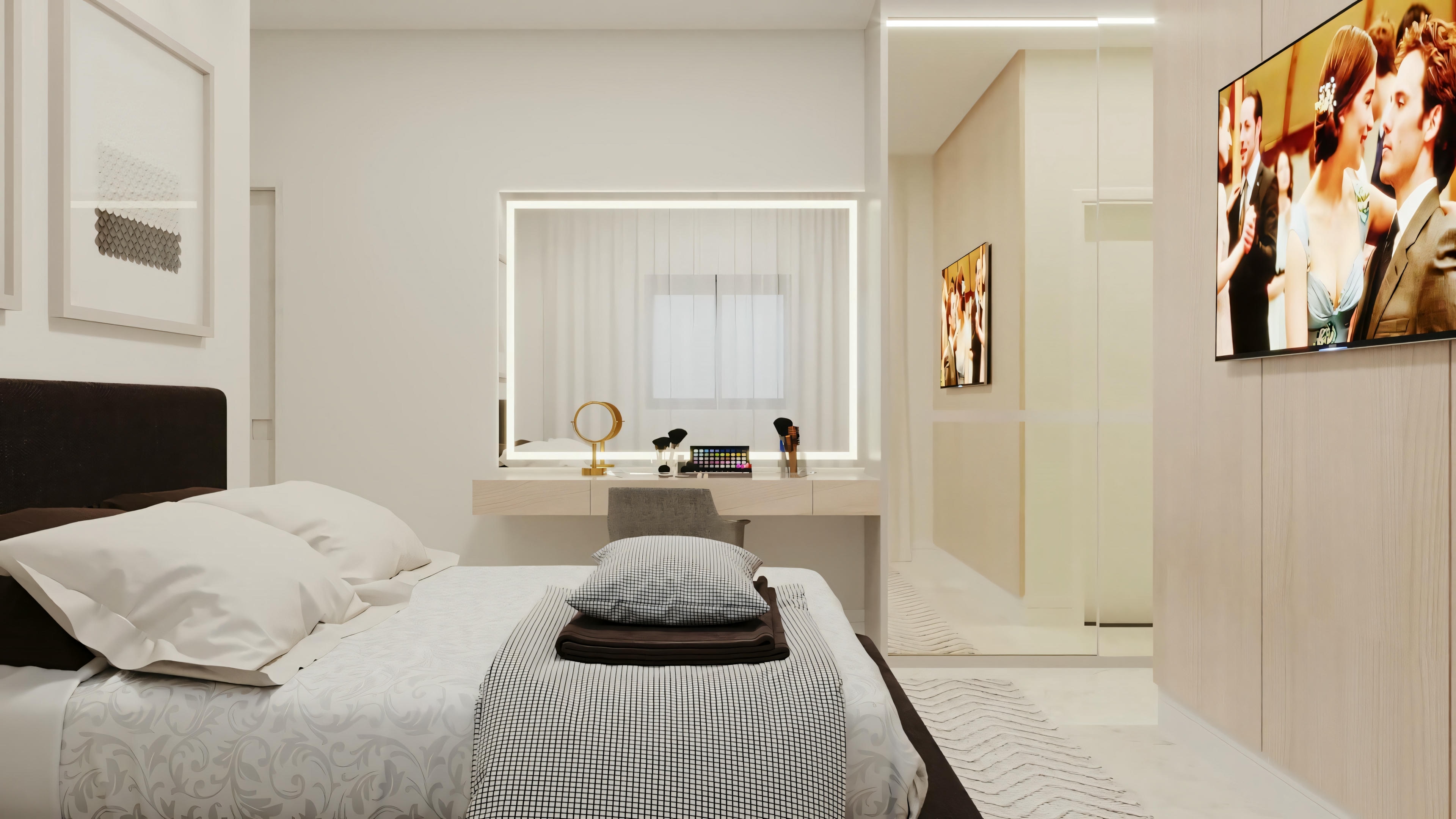 A room with a bed, bedside tables, and artwork above the bed.