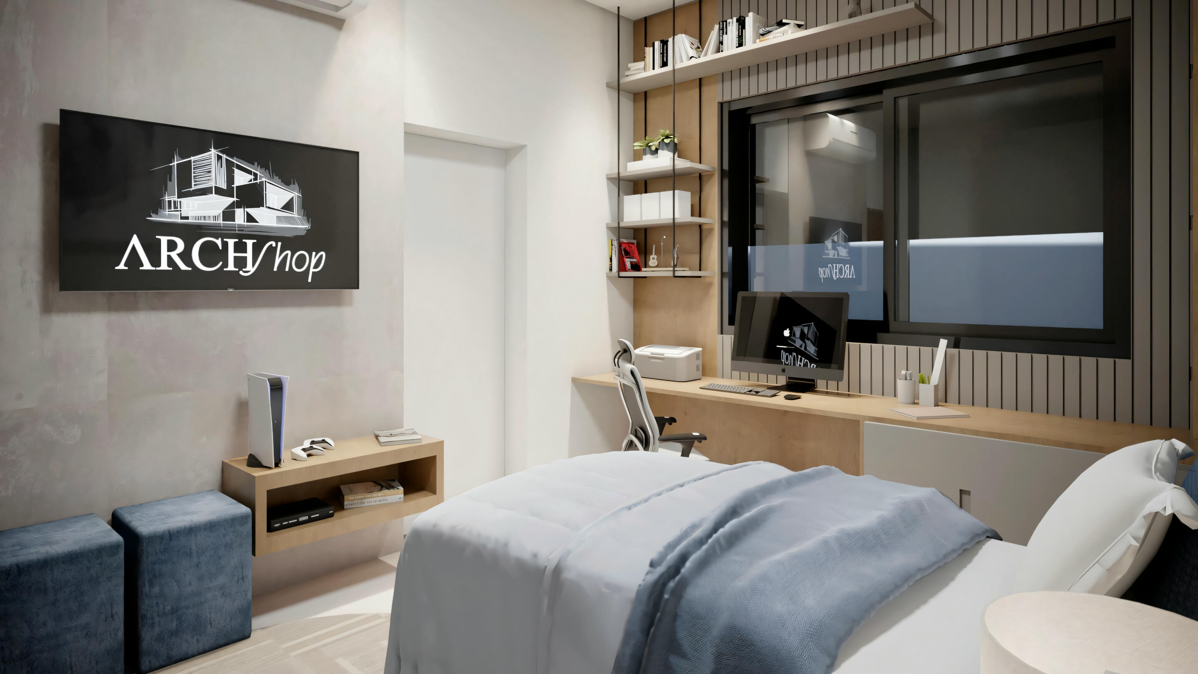 A bedroom with a large bed, a desk with a computer monitor.