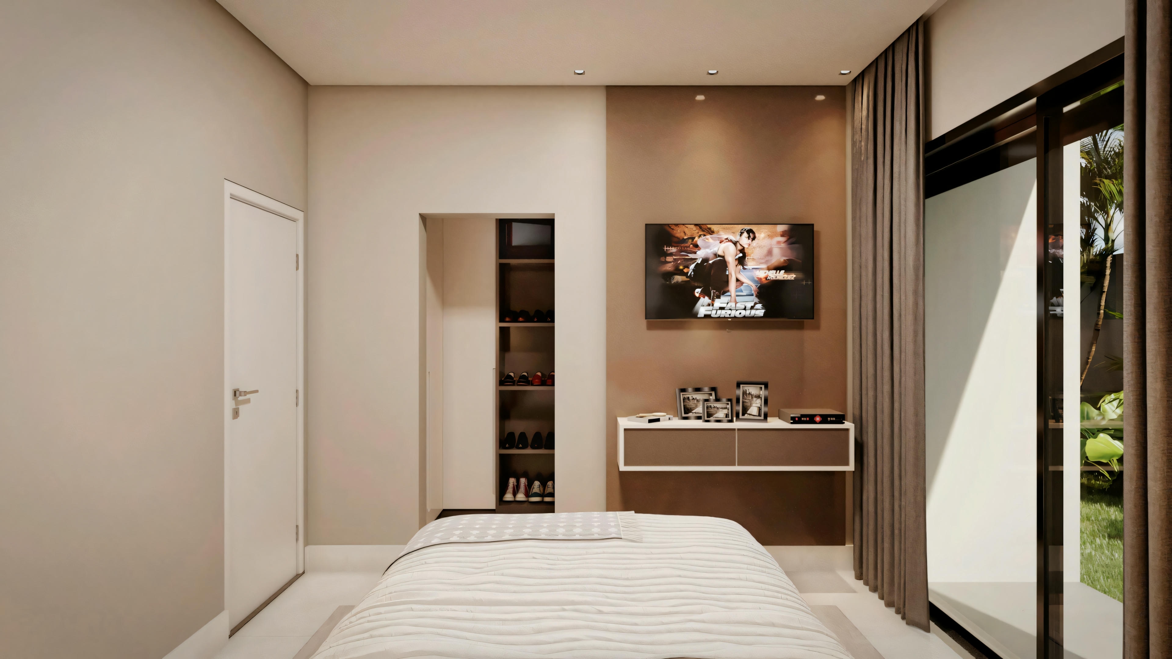 Bedroom with bed and side tables, leading to an open bathroom area.