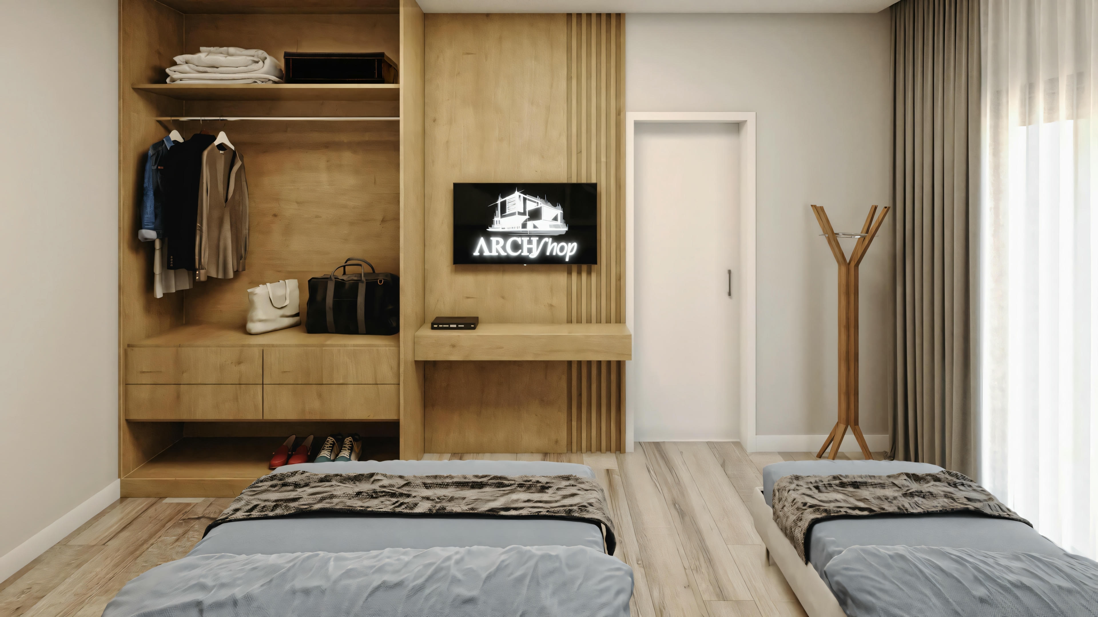 A bedroom with a bed, open shelves with books and decorative items, and a television on the wall.