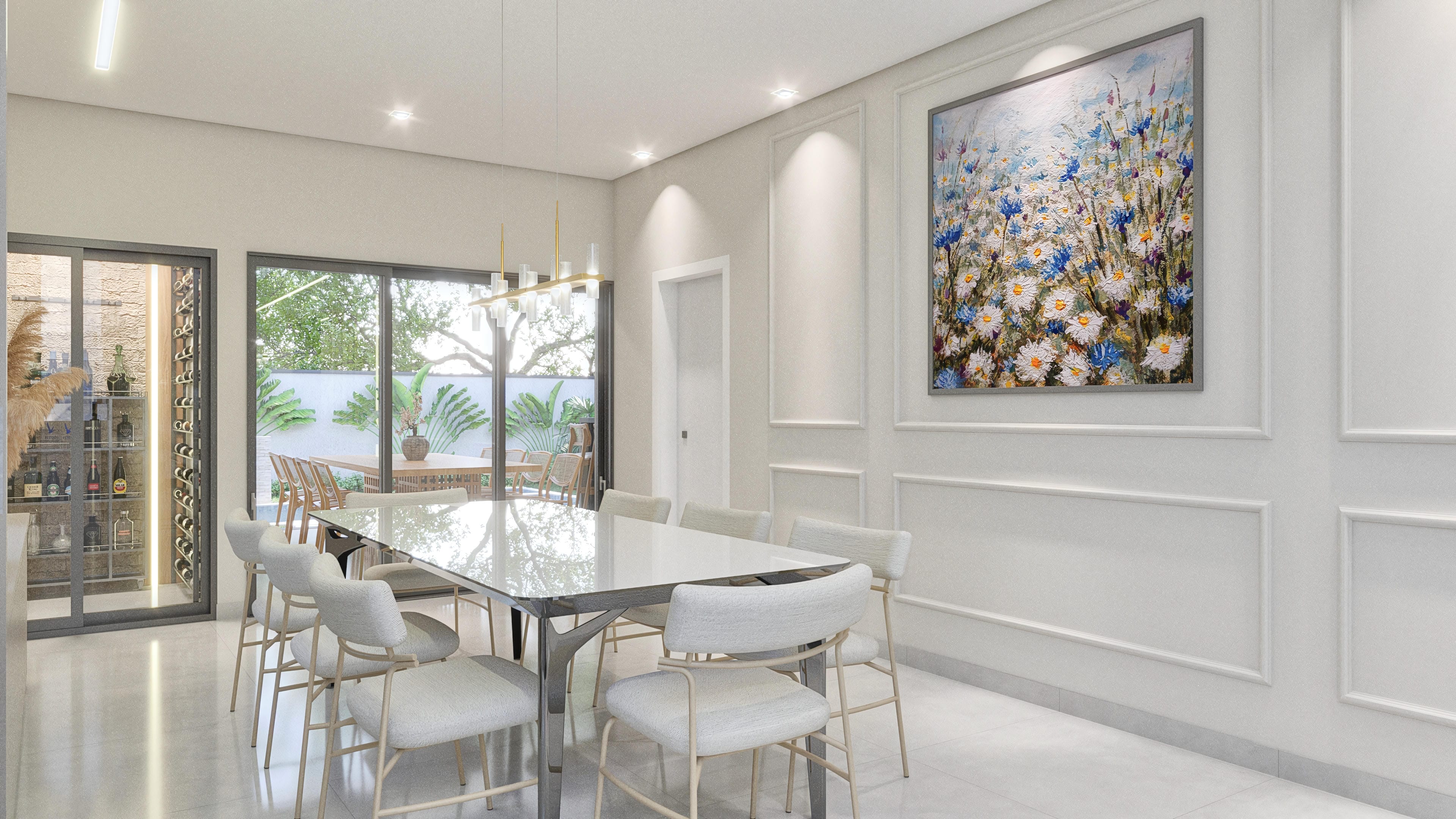 Internal environment of a house with a dining room and a climate-controlled wine cellar. Table with modern chairs and artistic painting on the wall.