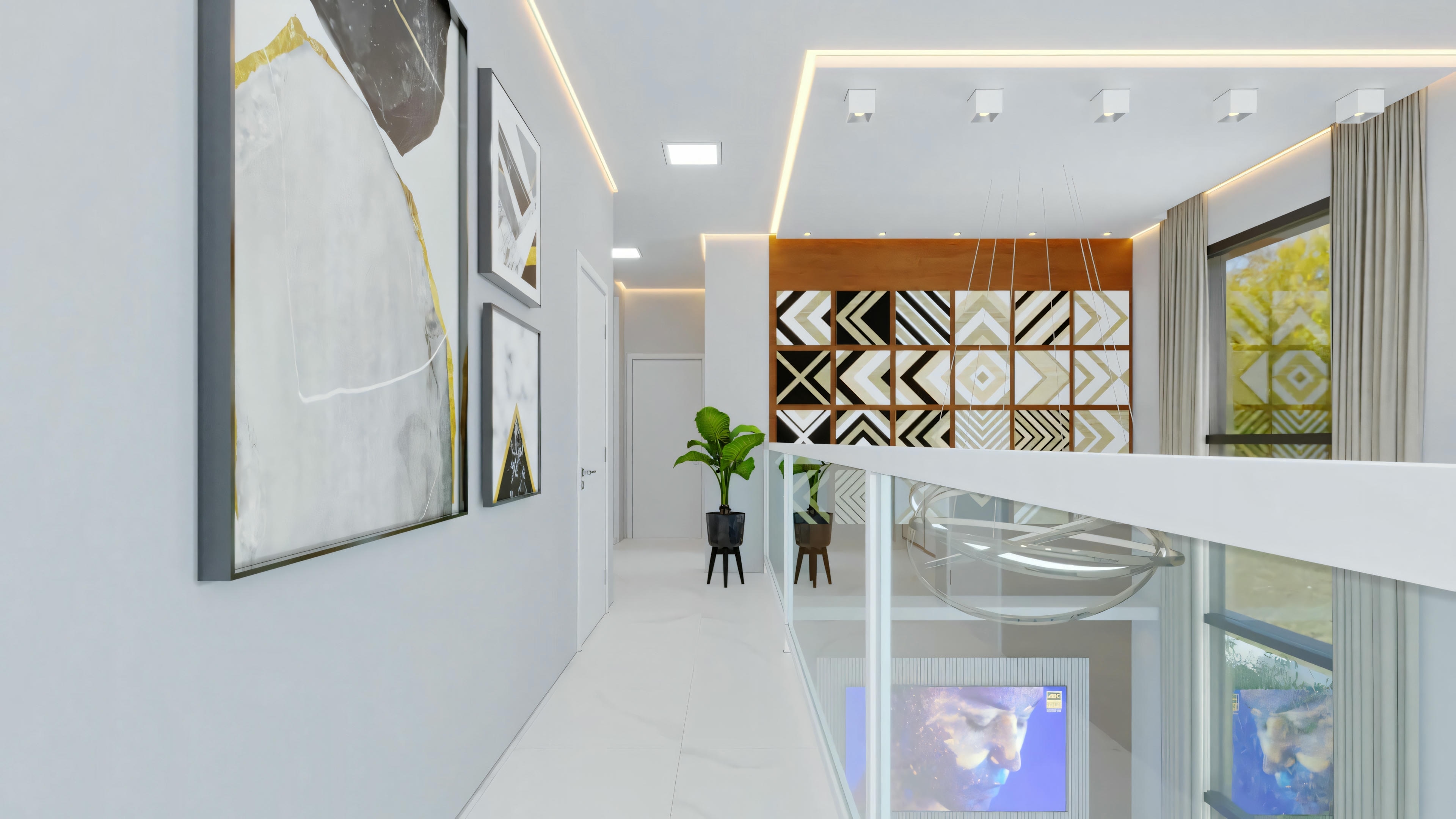 A modern hallway with white walls, reflective flooring, and a decorative partition.