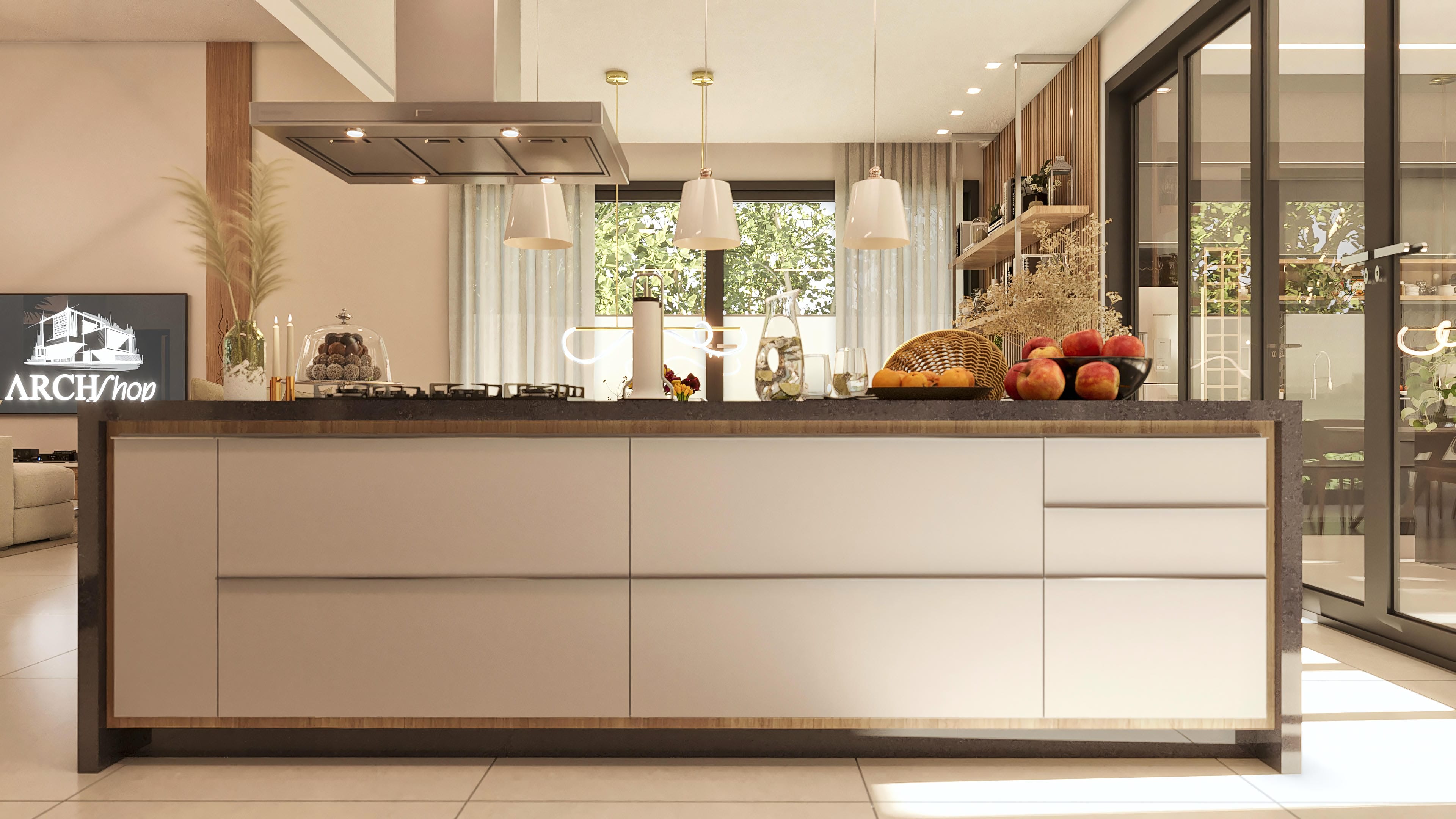 Modern kitchen with a central island in neutral tones and marble finish, integrated into a living room with porcelain tile flooring and wooden details.