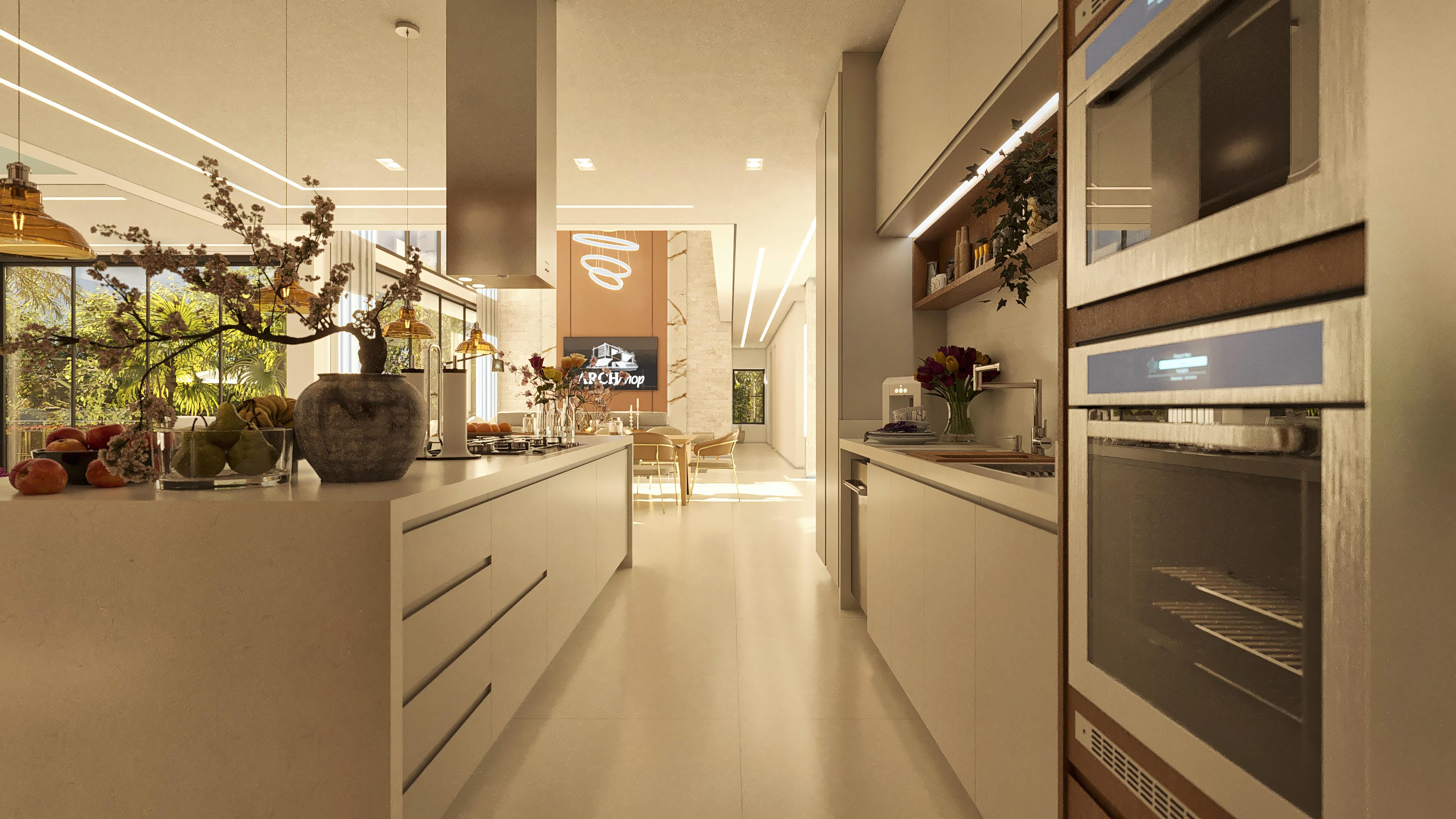 High-end kitchen with central island, custom cabinets, built-in appliances, and large integrated space. View of lush outdoor area with tropical vegetation.