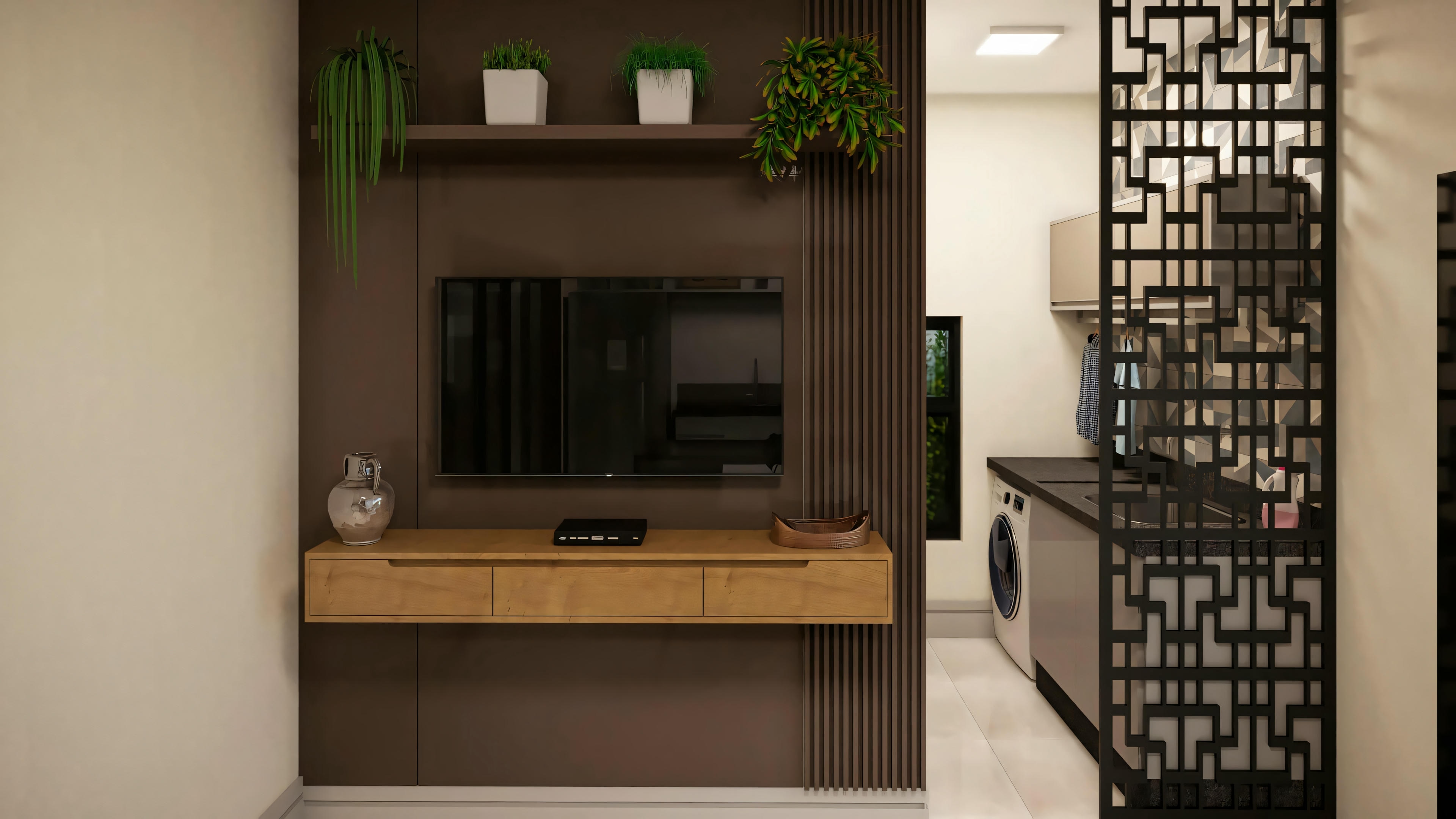 A modern living room with a flat-screen television mounted on the wall above a wooden console.