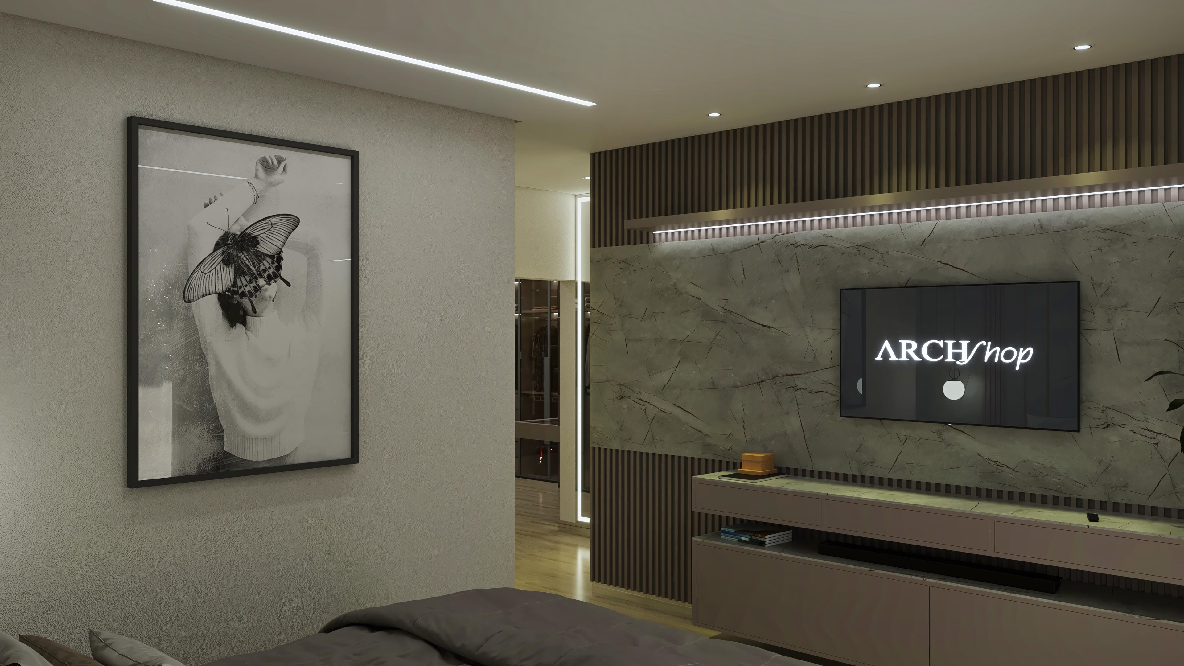 Detail of a modern living room with recessed LED lighting, an abstract artwork on the textured wall, and a slatted panel with stone cladding.