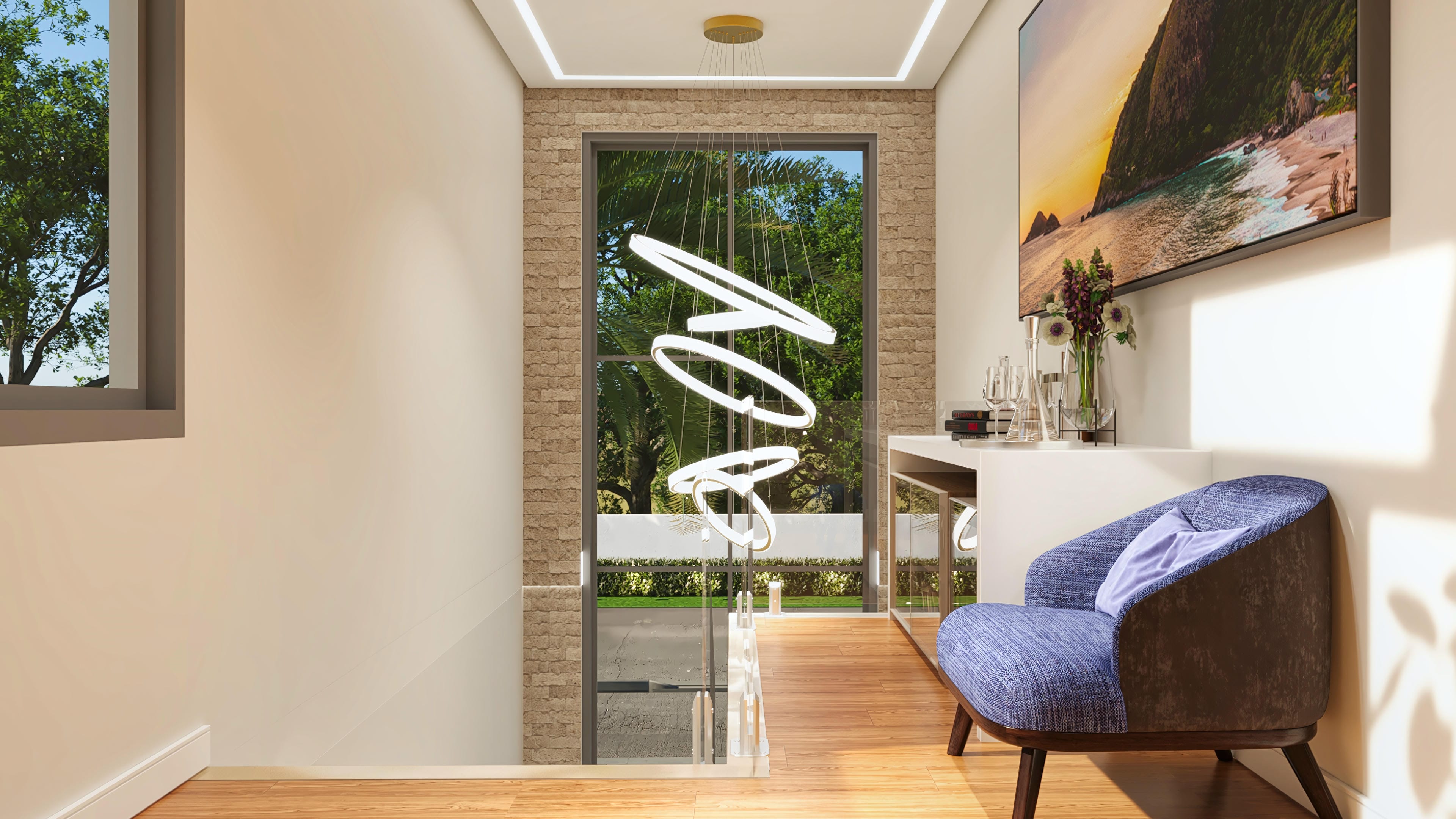Modern two-story house project with 3 bedrooms, suite, integrated living room, gourmet balcony with pool, and office, ideal for 10x25m lots.