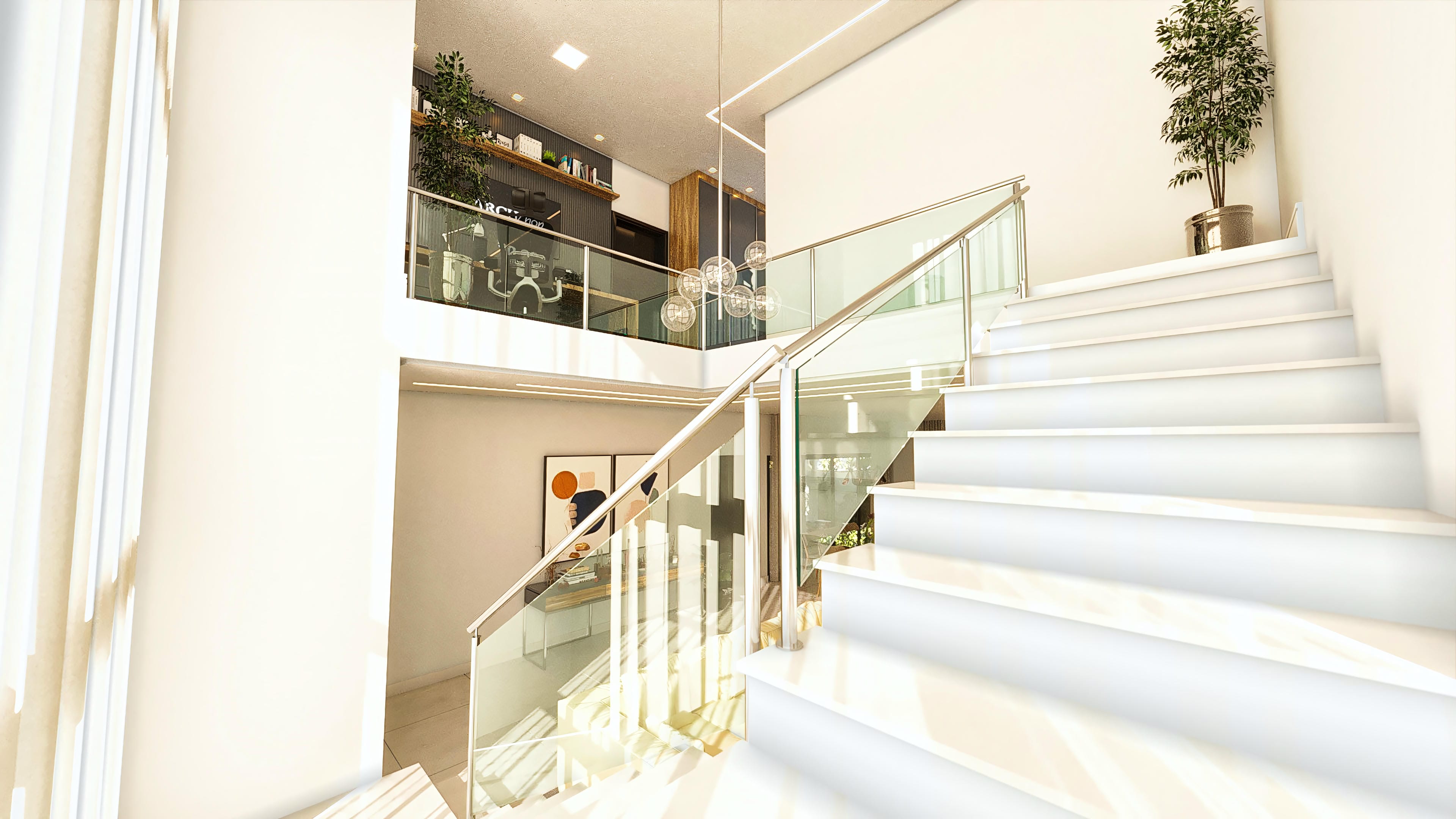 Internal staircase of a modern two-story house with glass handrail, highlighting the integrated office with shelves and a view of the outdoor area with pool.
