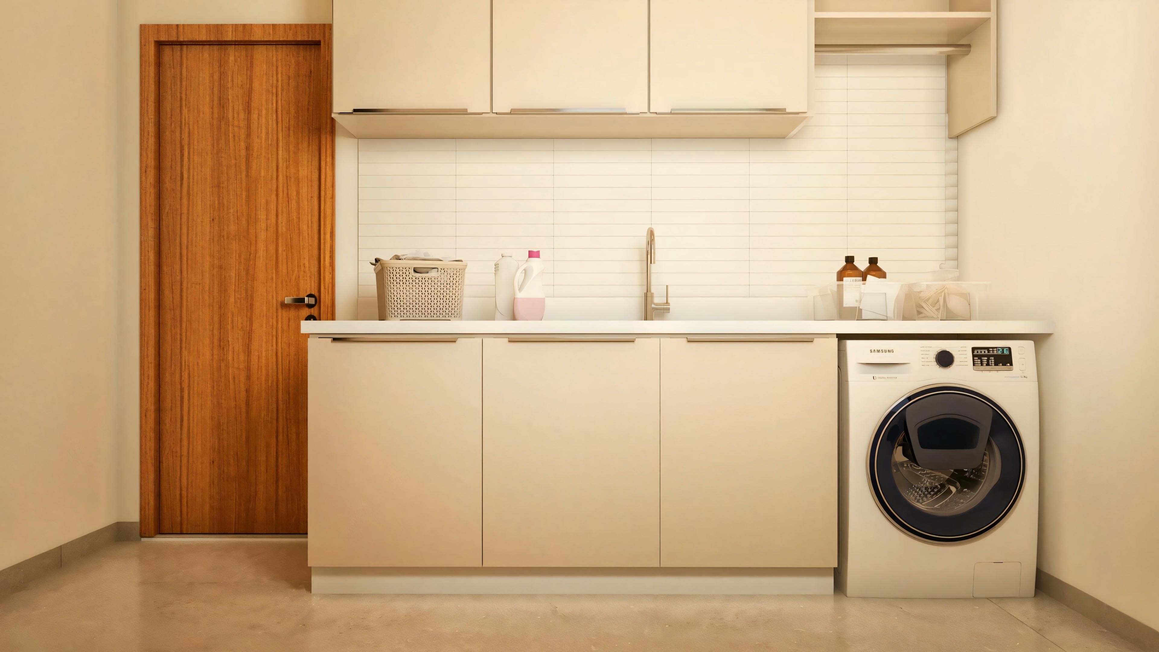 Planned service area in a 330m² modern two-story house, with a washing machine, countertop with built-in sink, lower and upper cabinets.