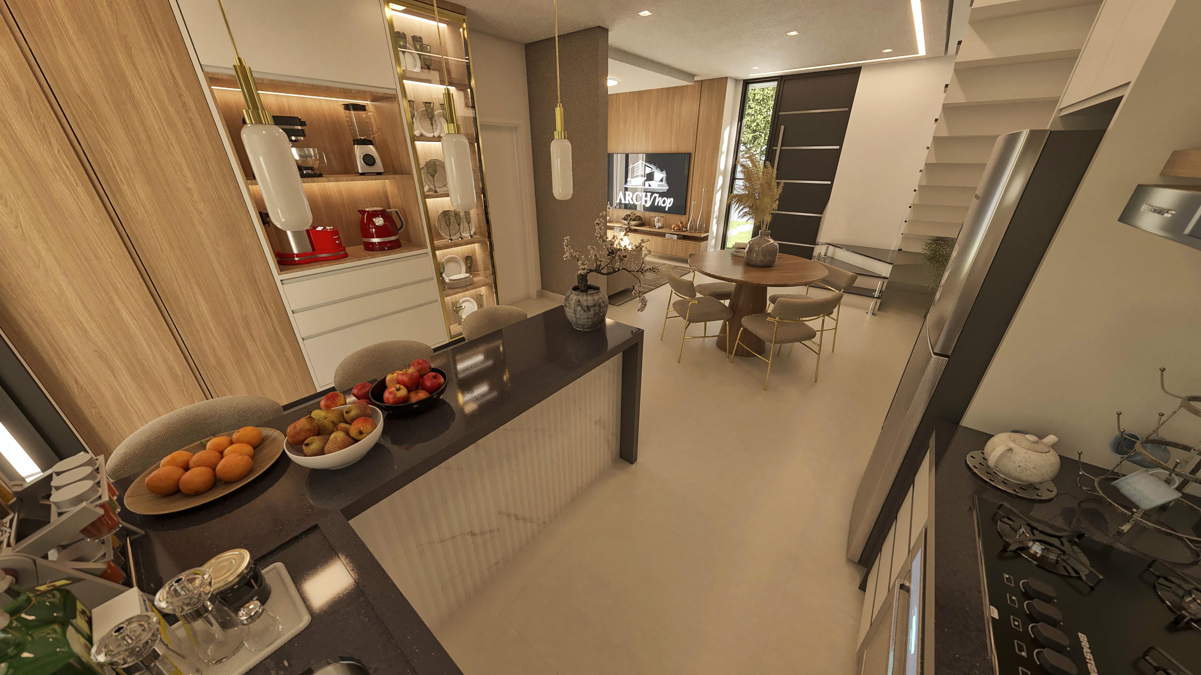 Internal view of a modern house with integrated kitchen, dining room, and wood and gold details. Highlight for the dark granite countertop, custom cabinets, and LED lighting.