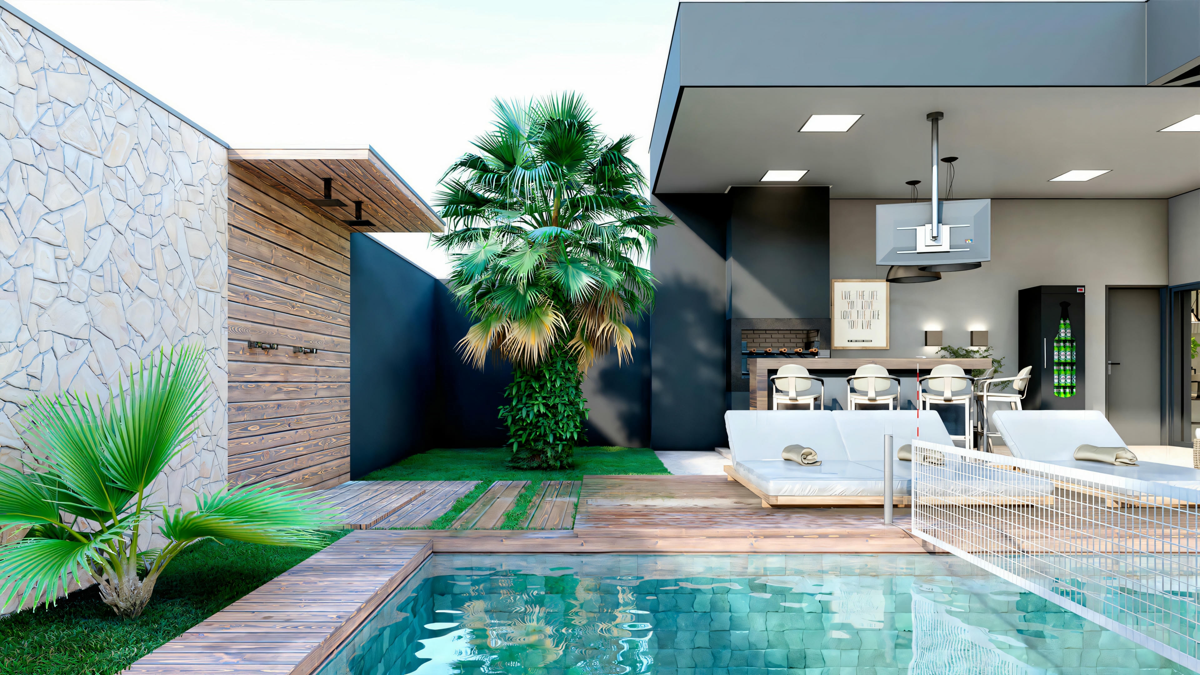 A residential outdoor area with a pool, surrounded by a wooden deck and walls, with a building in the background.