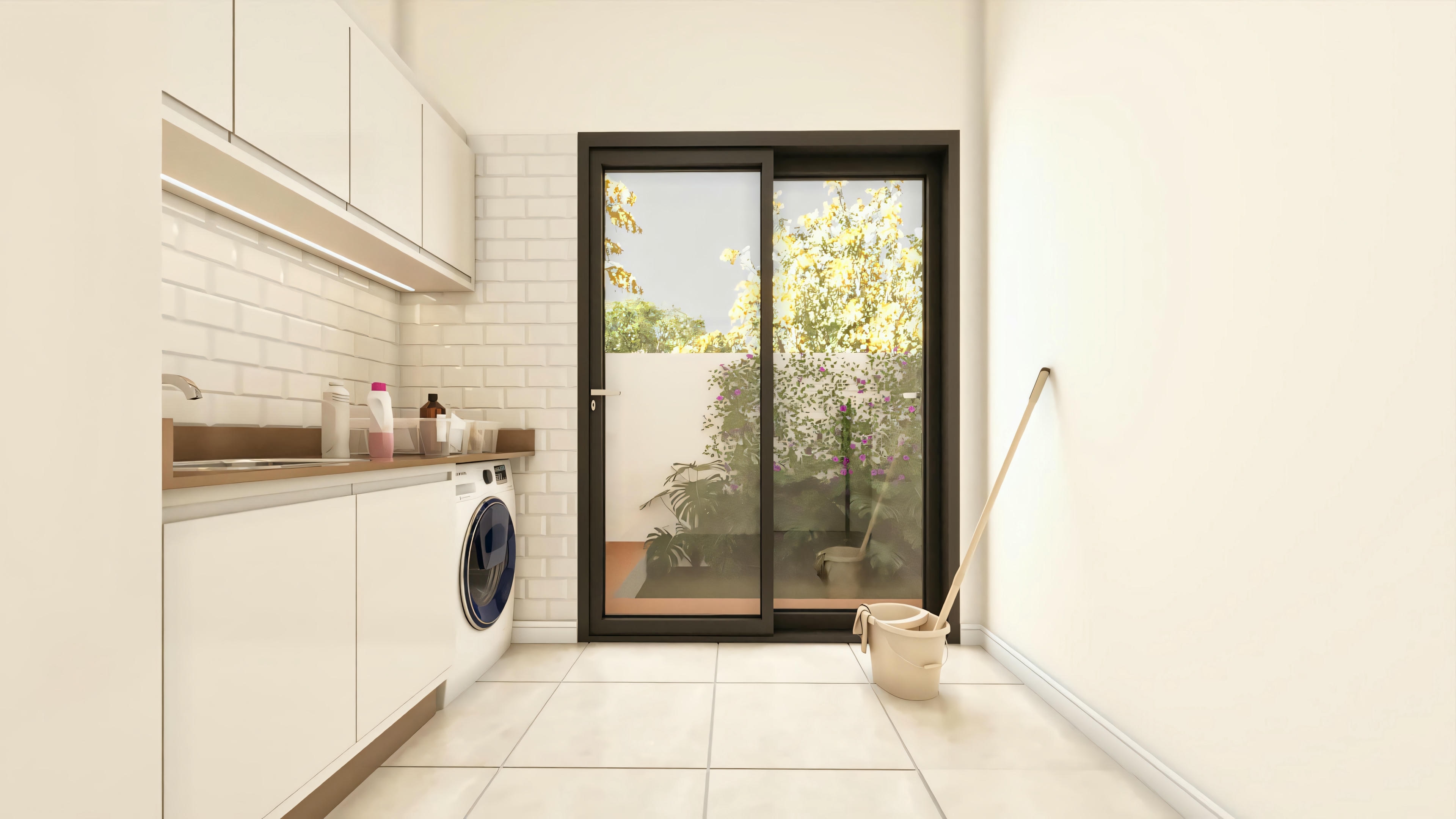 Complete laundry room in a modern house project, showing planned cabinets, washing machine, countertop, and a black aluminum sliding door leading to the outdoor service area.