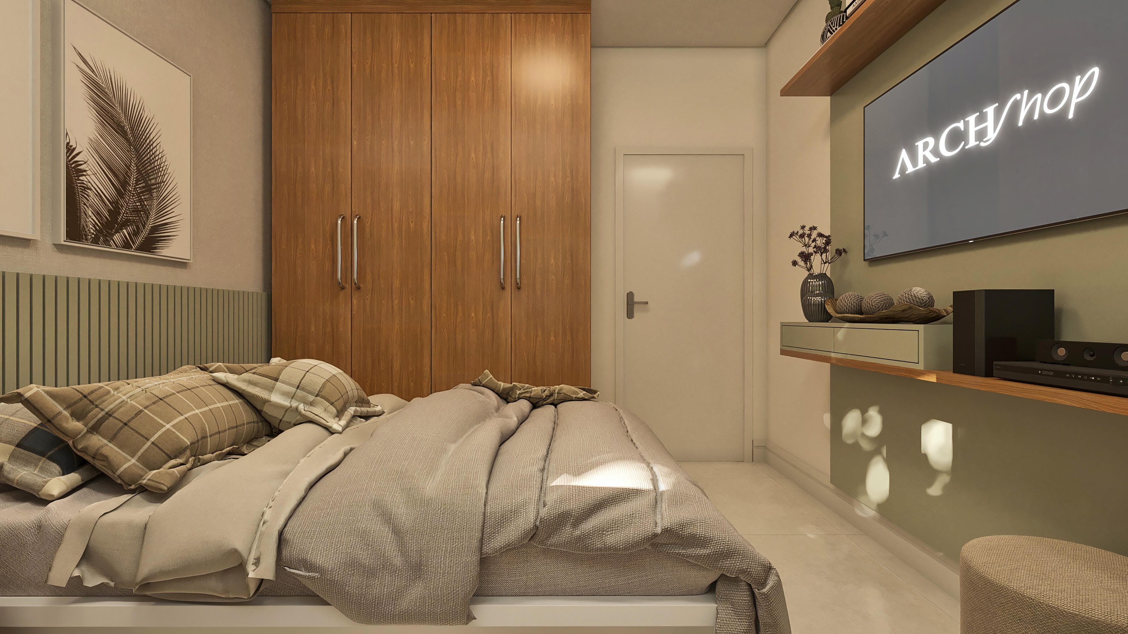 Interior de um quarto moderno com cama ampla, armários embutidos de madeira e painel ripado verde. A decoração inclui quadros de folhagens e uma televisão suspensa.