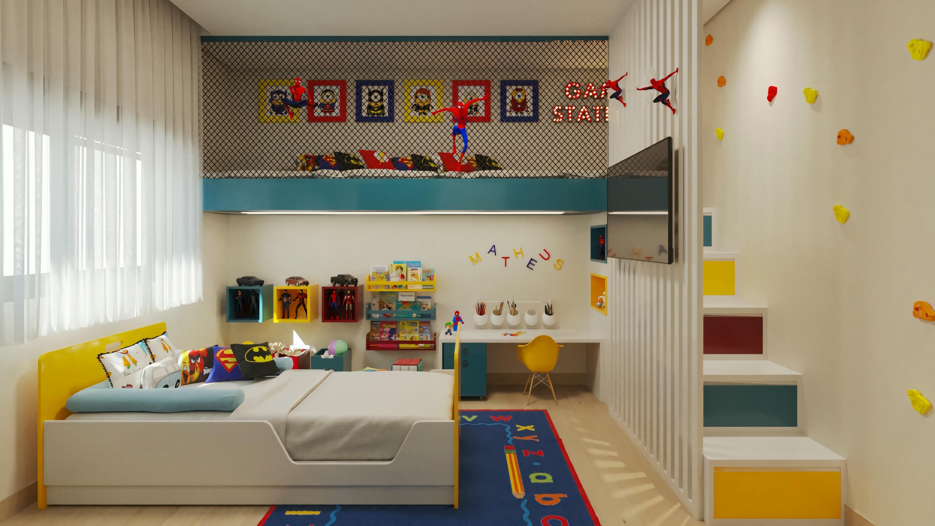 Ampla vista do quarto infantil de uma das 5 suítes do projeto pronto, destacando a cama, área de estudo, mezanino com rede e escada de acesso lateral.