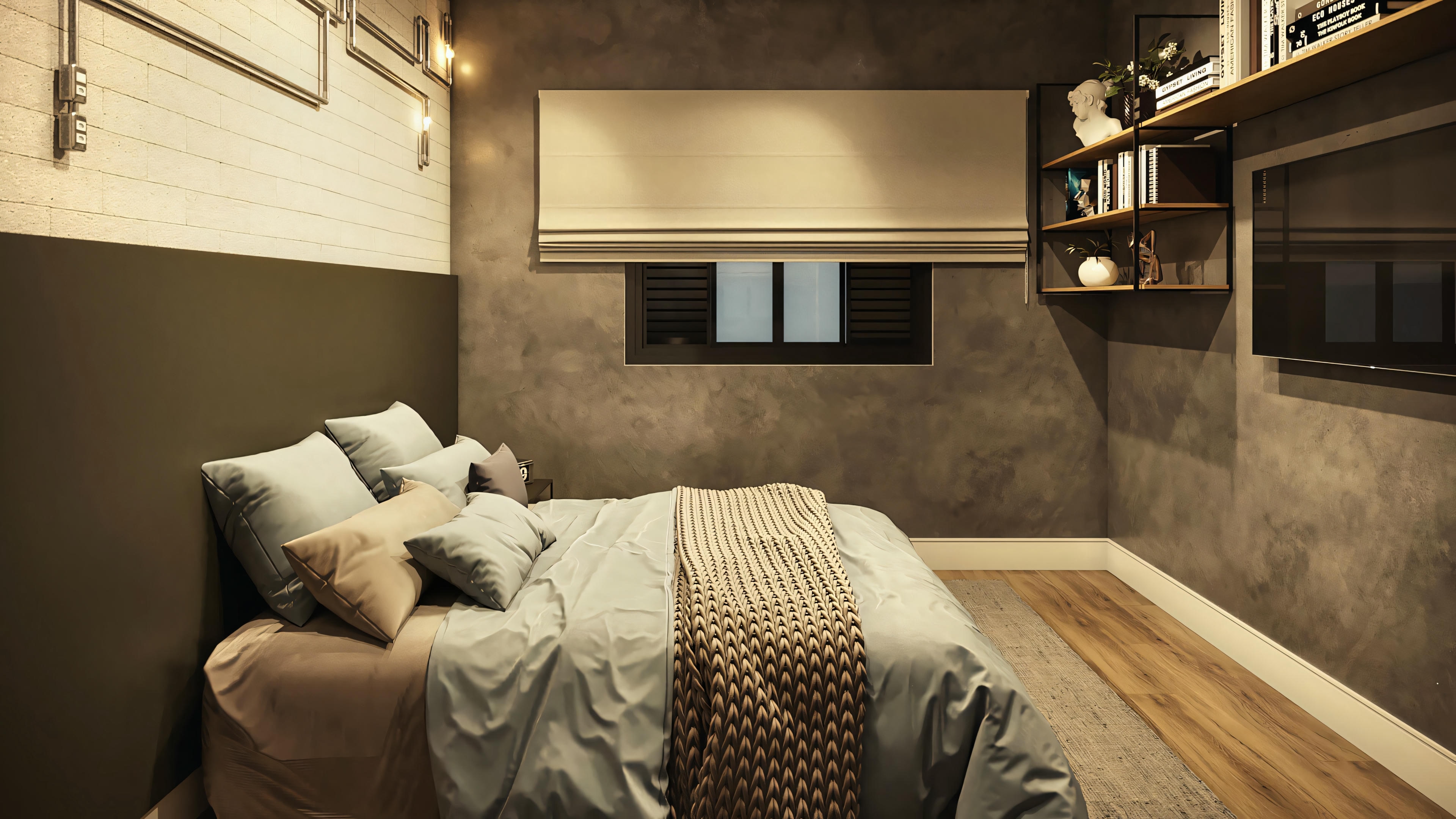 Quarto com cama parcialmente sob uma estrutura elevada de madeira com prateleiras ou armários, e uma escada levando à área elevada.