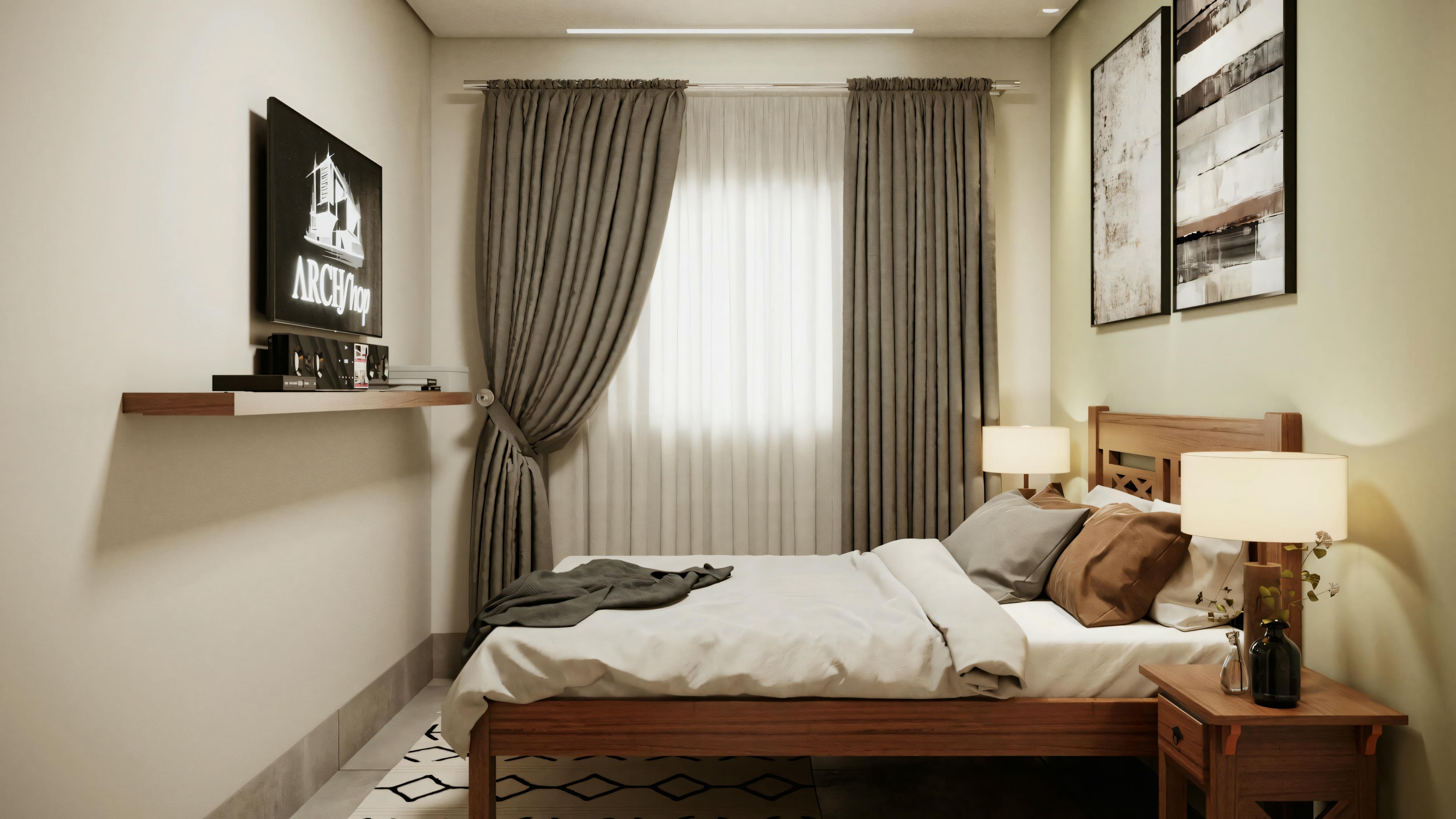 Quarto com coberta, um cobertor, e iluminação ambiente.