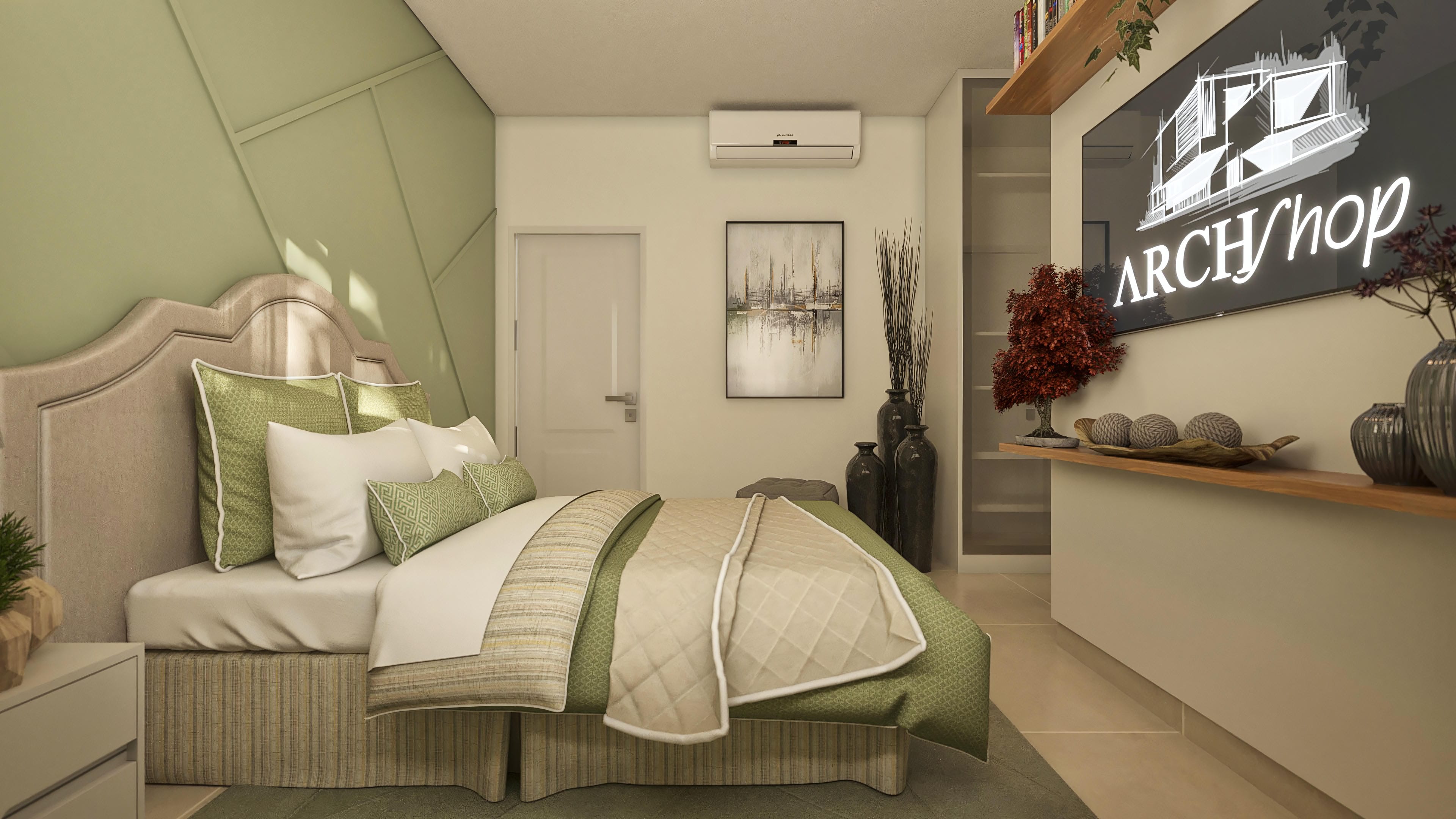Quarto de casal com decoração em tons de verde e bege, cabeceira estofada, cama com lençóis e colchas texturizadas, e arte na parede.