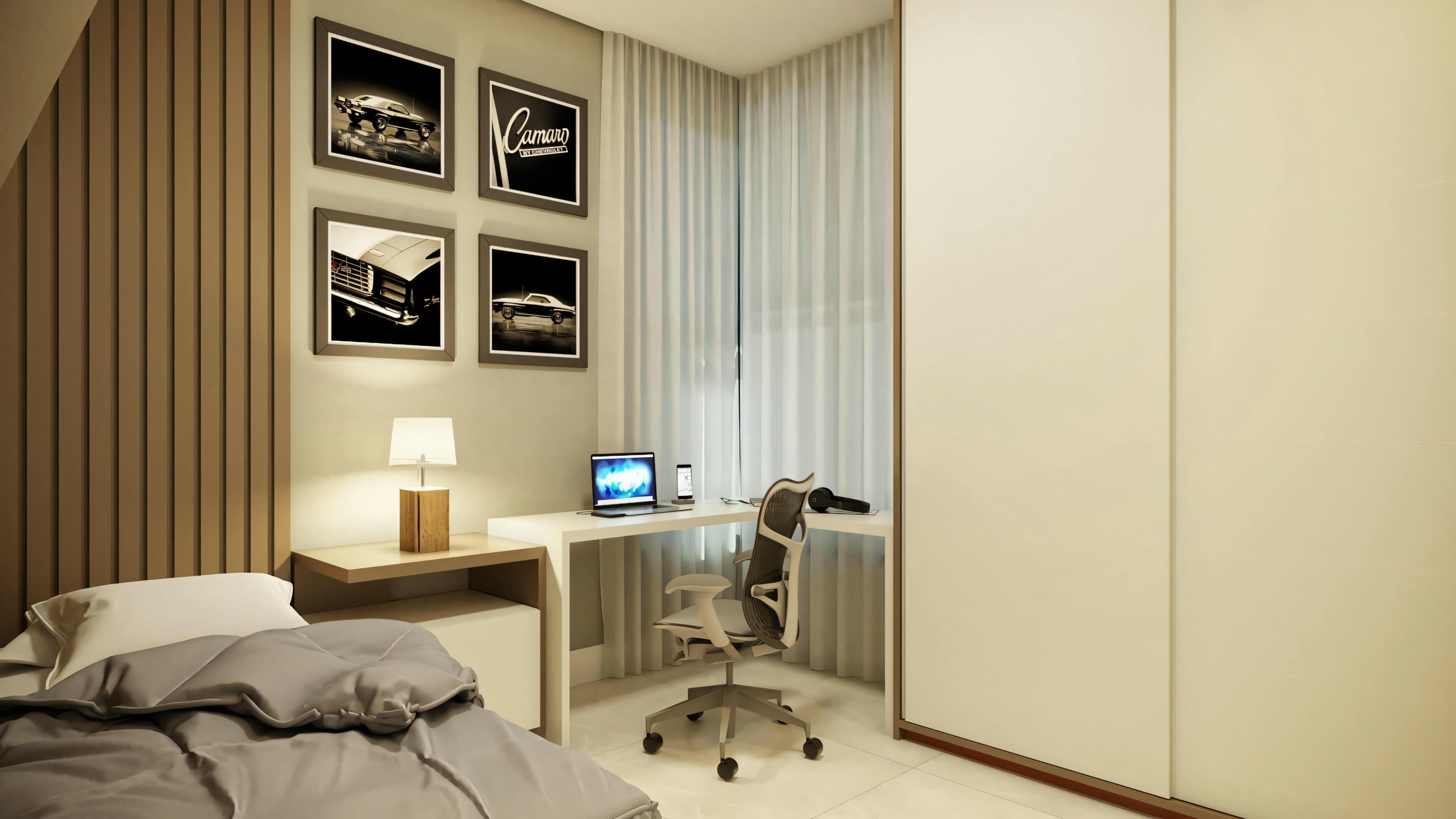 Quarto moderno com cama à esquerda e mesa com computador à direita.