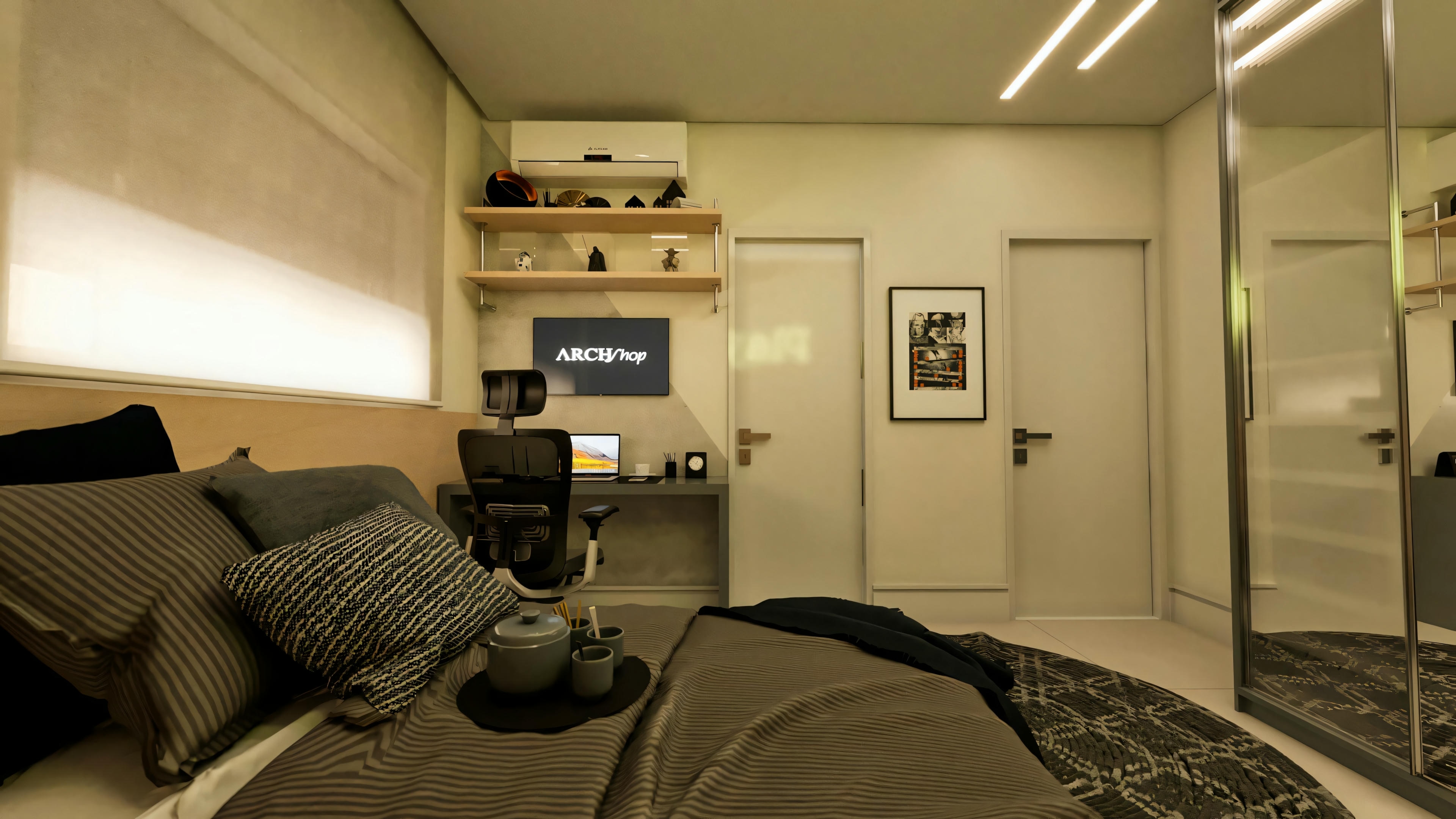 Ângulo diferente do quarto de suíte na casa térrea de 3 quartos. Vista a partir da cama, mostrando bancada de estudo à esquerda, duas portas brancas (acesso e banheiro), e grande armário com portas de espelho à direita.