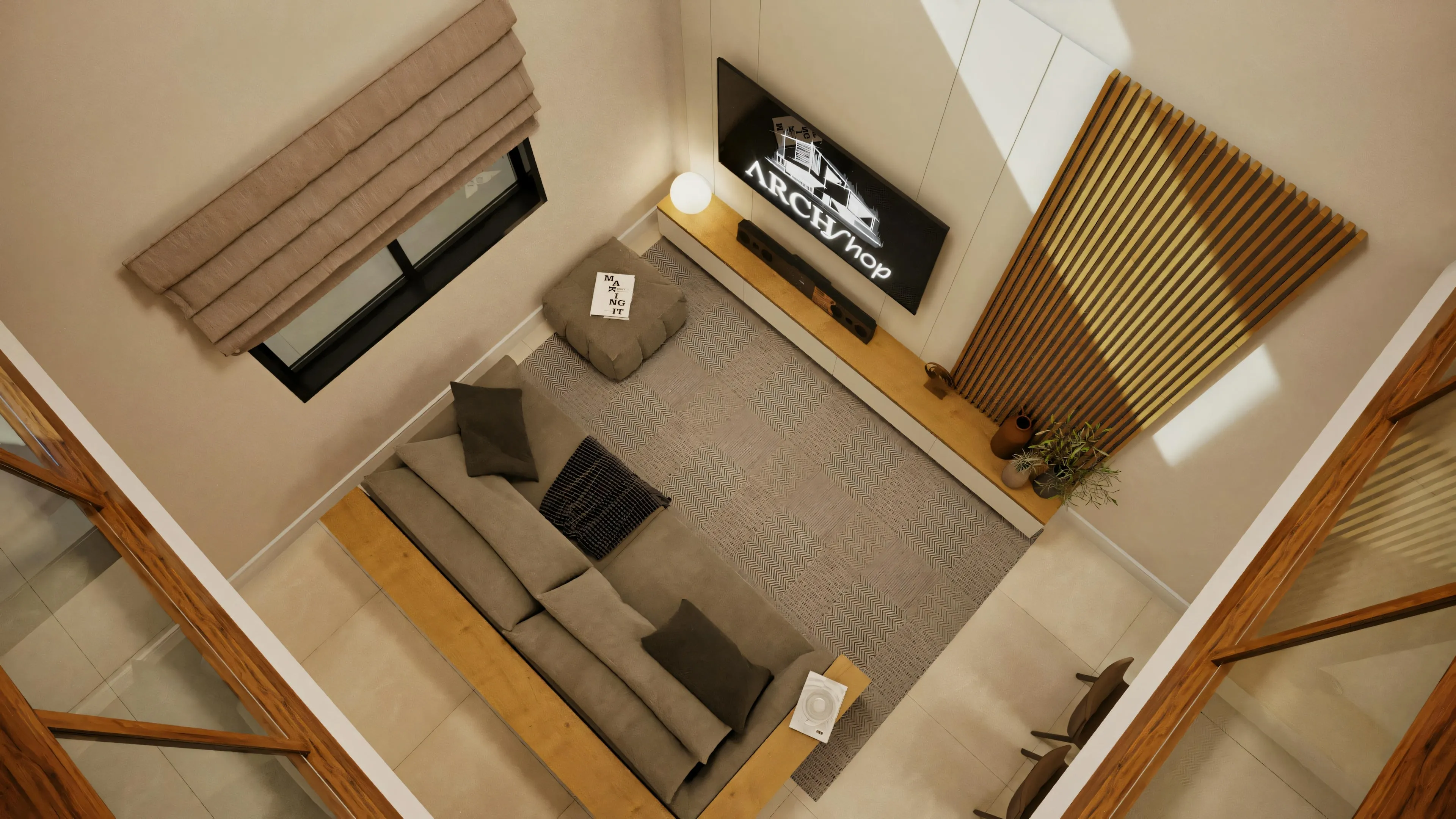 Uma sala de estar vista de cima, com sofá, mesa e televisão.