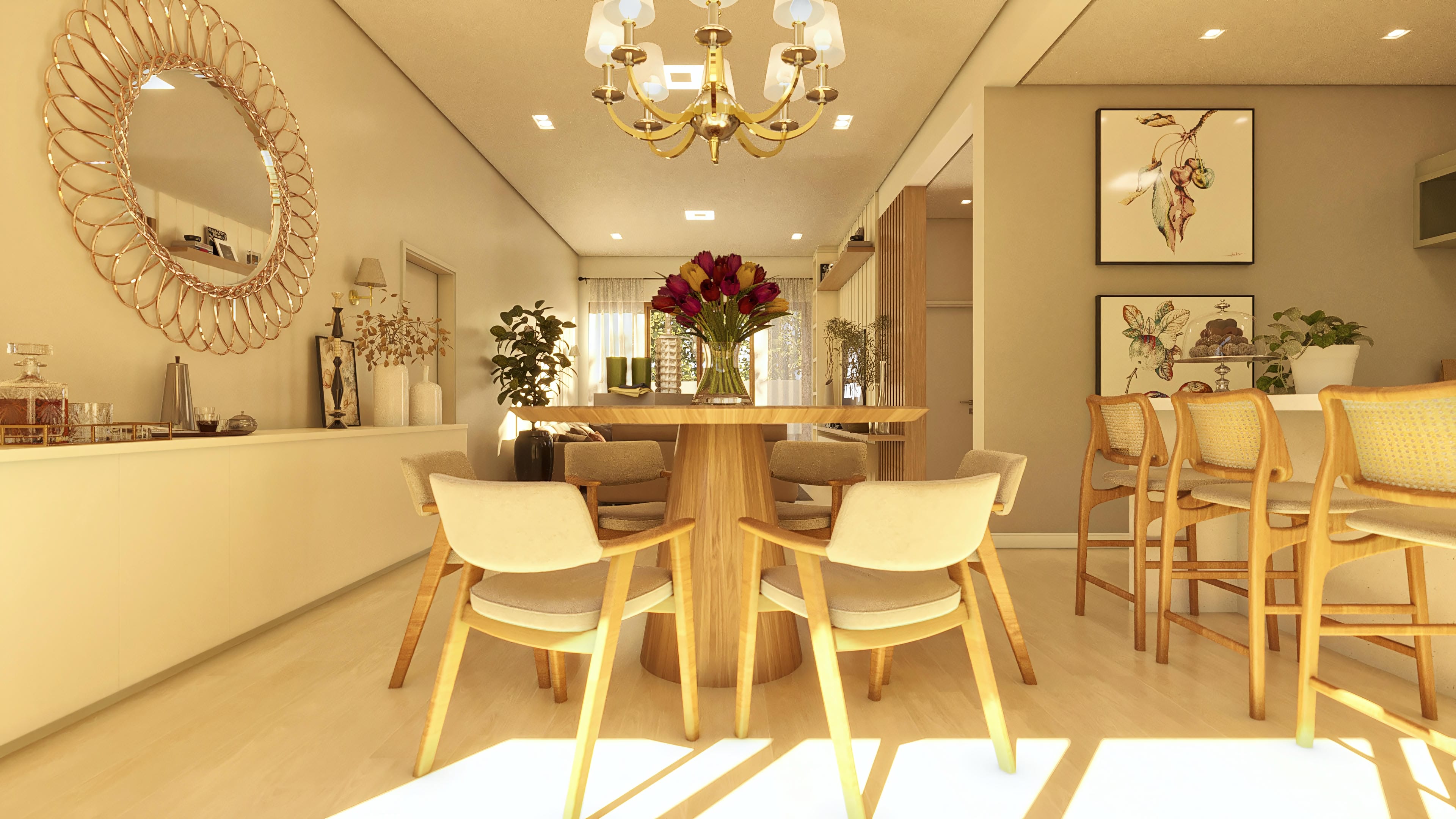 Ambiente integrado con comedor y estar, destacando mesa de madera clara, sillas tapizadas, barra con banquetas, espejo decorativo dorado e iluminación natural abundante.