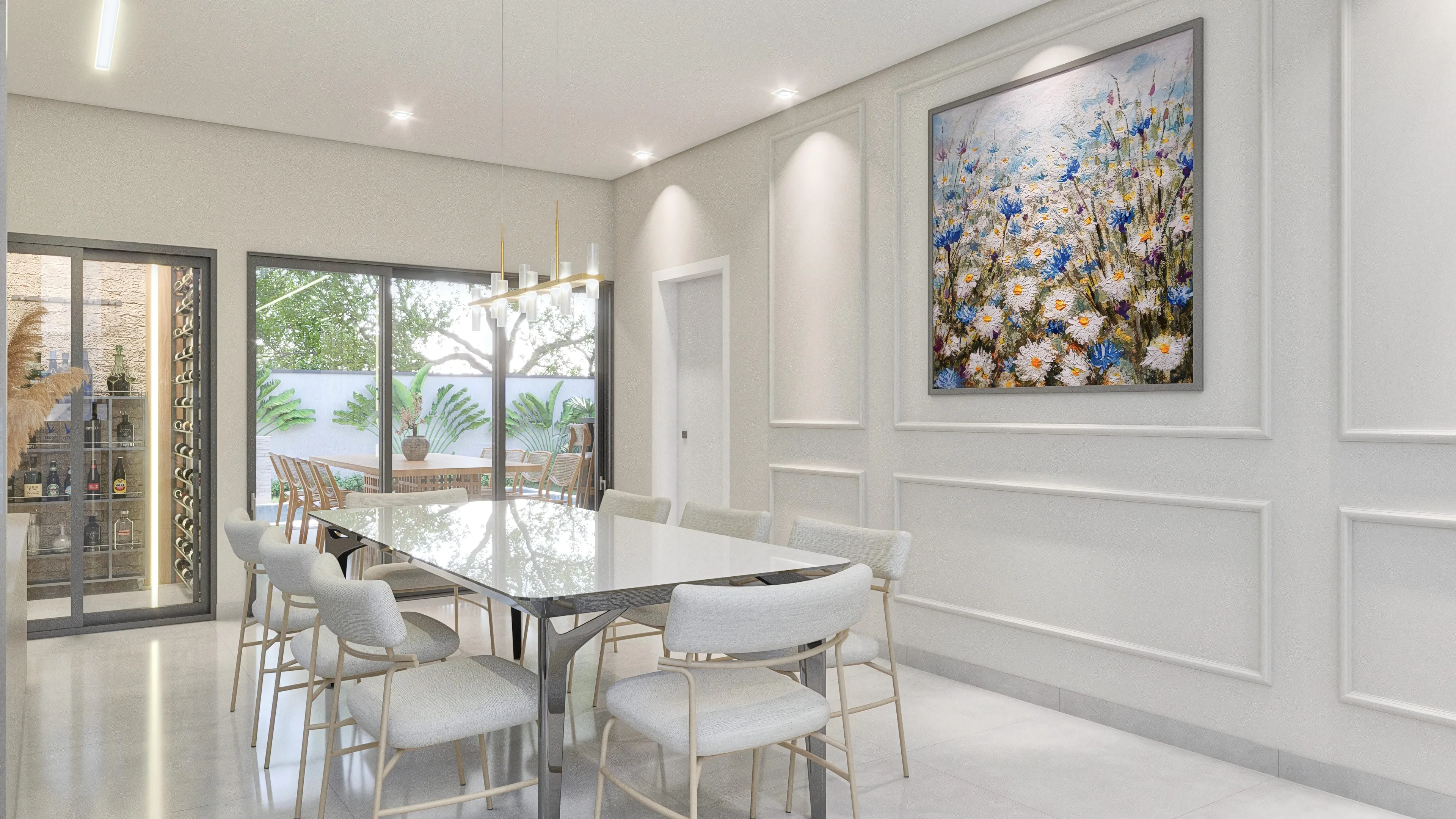 Ambiente interno de uma casa com sala de jantar e adega climatizada. Mesa com cadeiras modernas e pintura artística na parede.