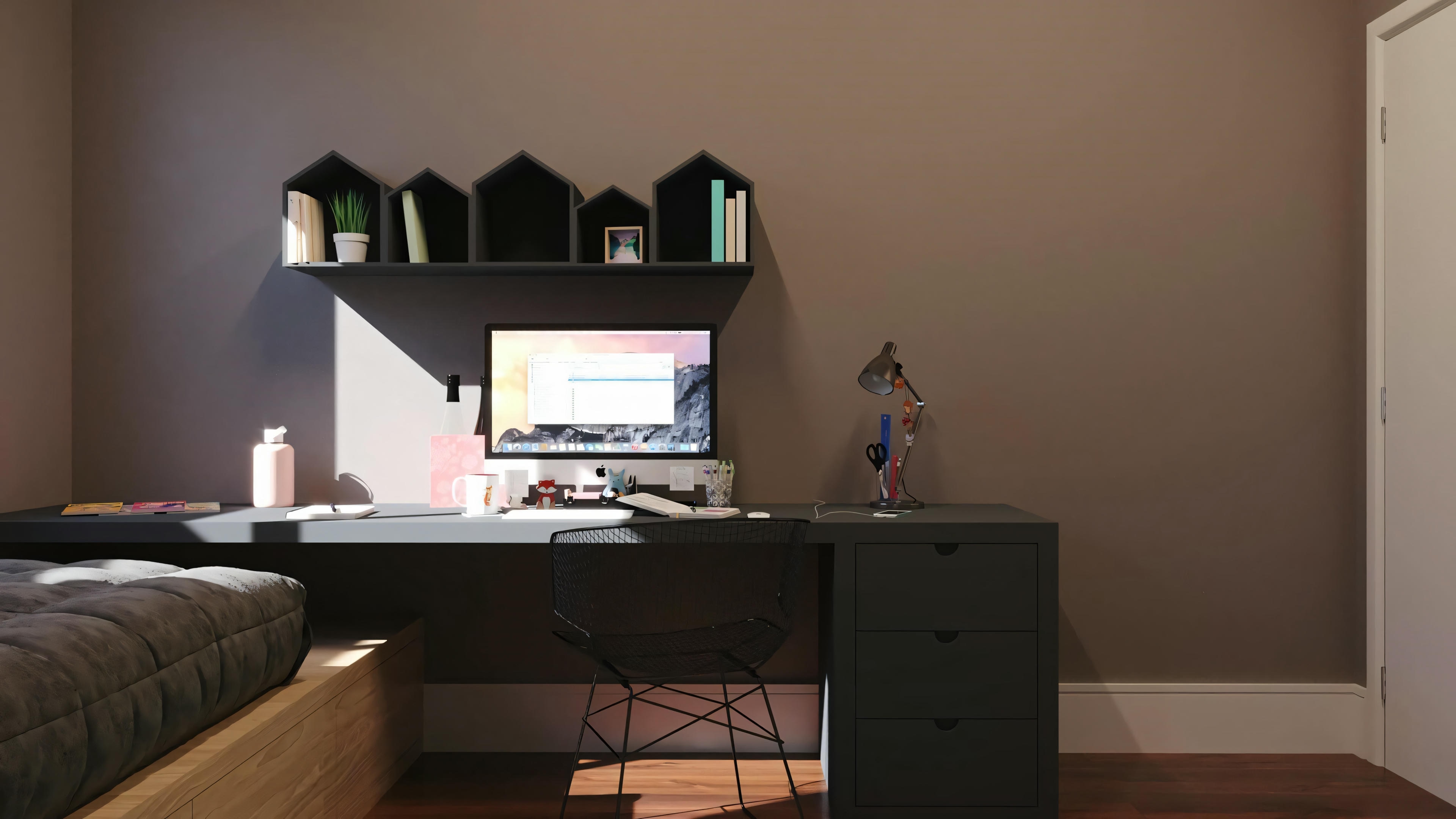 Sala de estar con estantería de televisión y estantes decorativos, iluminada suavemente.